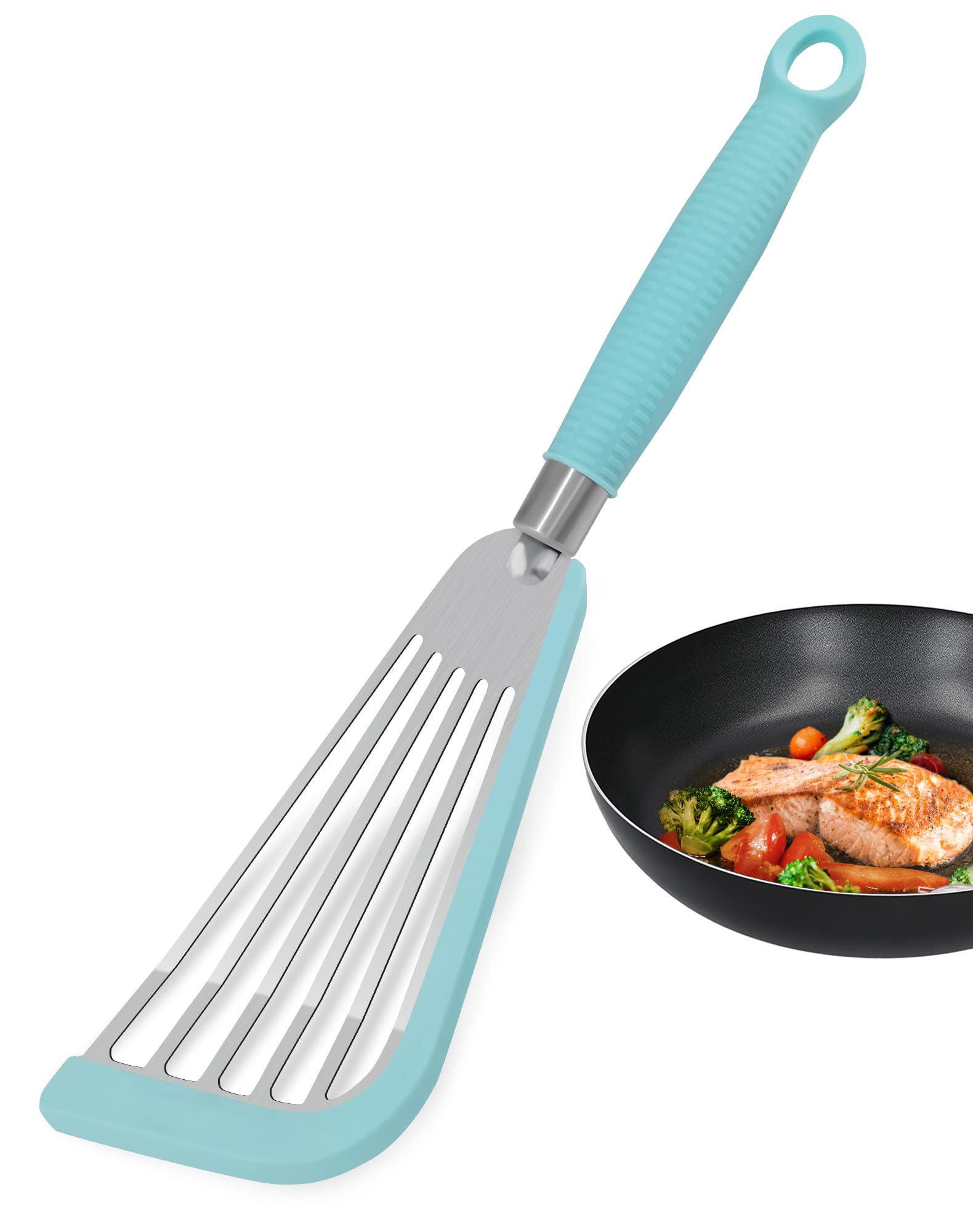 Premium Silicone Fish Spatula for Nonstick Cookware - Heat Resistant Slotted Turner for Grilling, Flipping & Serving - Perfect for Kitchen, BBQ & Outdoor Cooking (Aqua Blue)