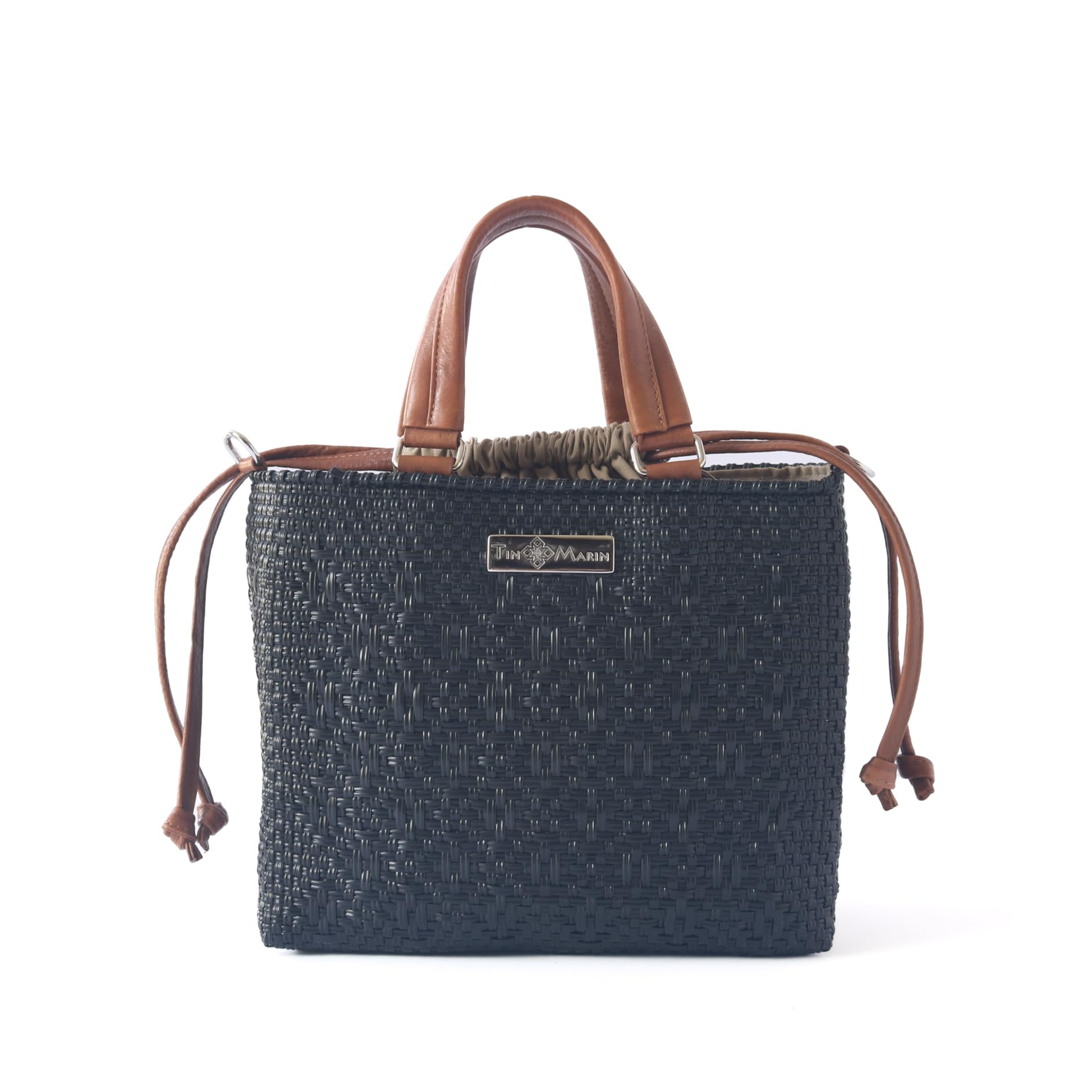 All Black Medium Woven Crossbody Bag with Drawstring - Eco-Friendly Tan Leather & Recycled Plastic Purse | Handcrafted Mexican Oaxacan Artisan Bag | Perfect for Travel, Shopping & Everyday Use