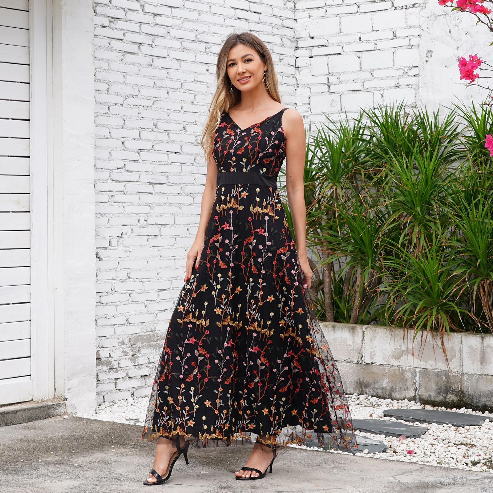 Elegant Long Floral Embroidery Maxi Dress for Women - Floral Embroidered Formal Evening Gown with Spaghetti Straps | Perfect for Prom, Wedding Guest, Cocktail Party & Summer Occasions