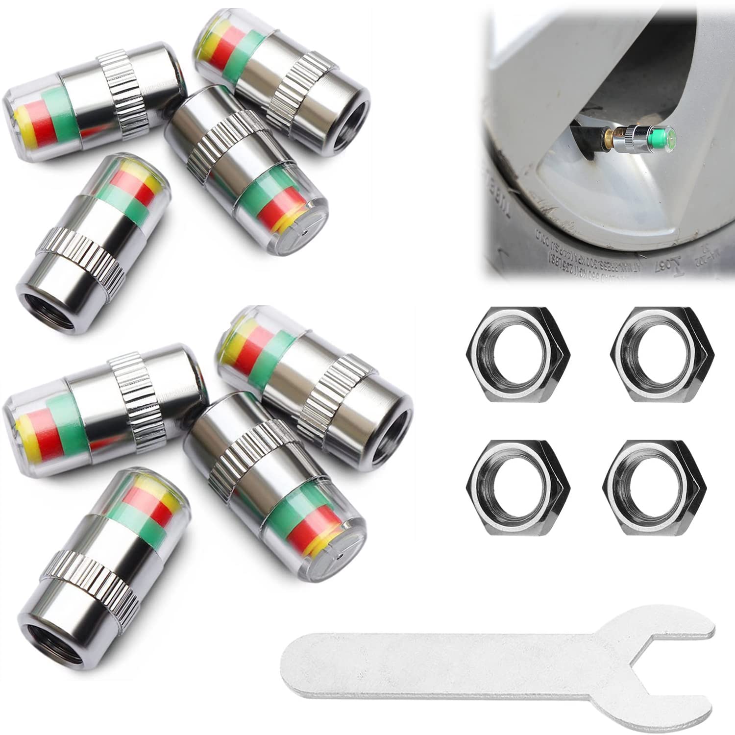 8PC Tire Pressure Monitor Caps - 3 Color Alert for Car SUV Truck Motorcycle - Easy Pressure Check