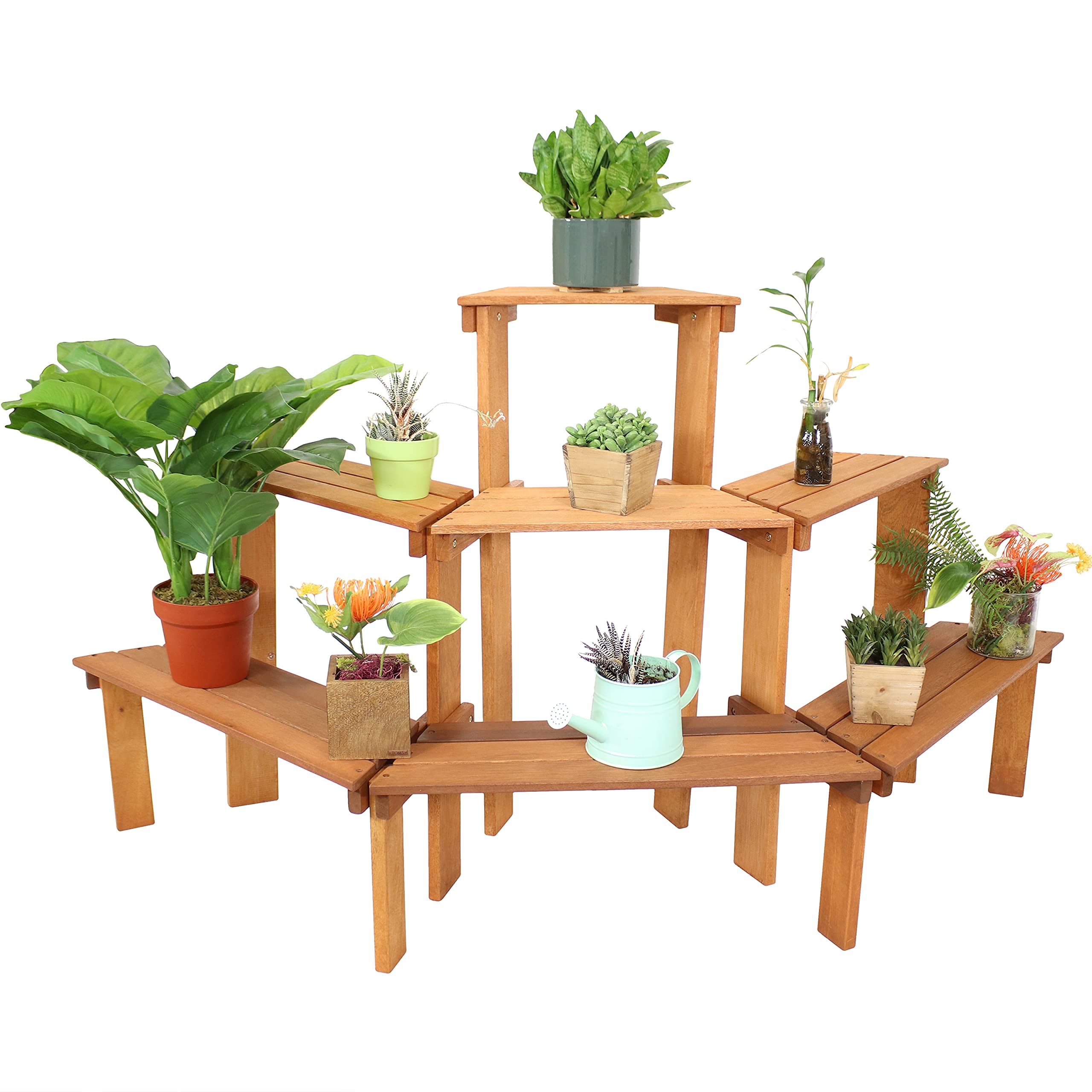 Sunnydaze 3-Tier Meranti Wood Outdoor Plant Stand with Teak Oil Finish - 5.75 Feet Wide - Indoor & Outdoor Use - Perfect for Patio, Garden, Balcony & Home Decor