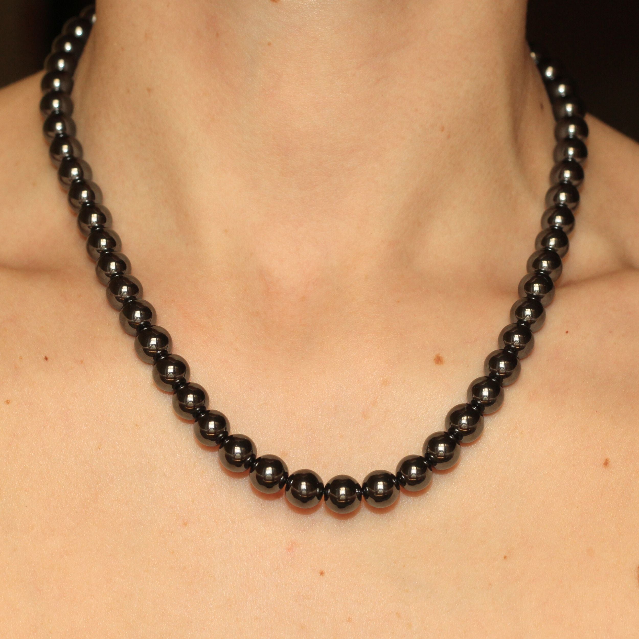 Hematite Beaded Necklace for Women - Healing Stone Jewelry with Magnetic Therapy - Elegant Black Gemstone Bead Necklace for Stress Relief & Energy Balance | Perfect for Meditation, Yoga & Spiritual Healing
