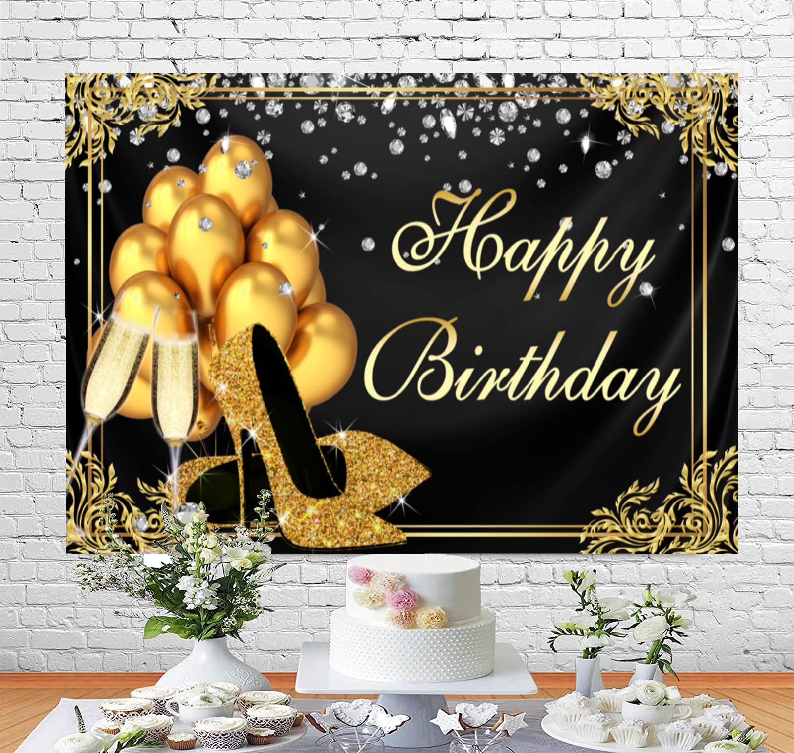 Black and Gold Happy Birthday Backdrop with Shining Diamond Design - 7x5ft Photography Background for Adult Women & Girls Birthday Party, Photo Booth, Golden Heels & Champagne Theme Decoration - Perfect for Birthday Celebrations, Bridal Showers & Social Media Photos