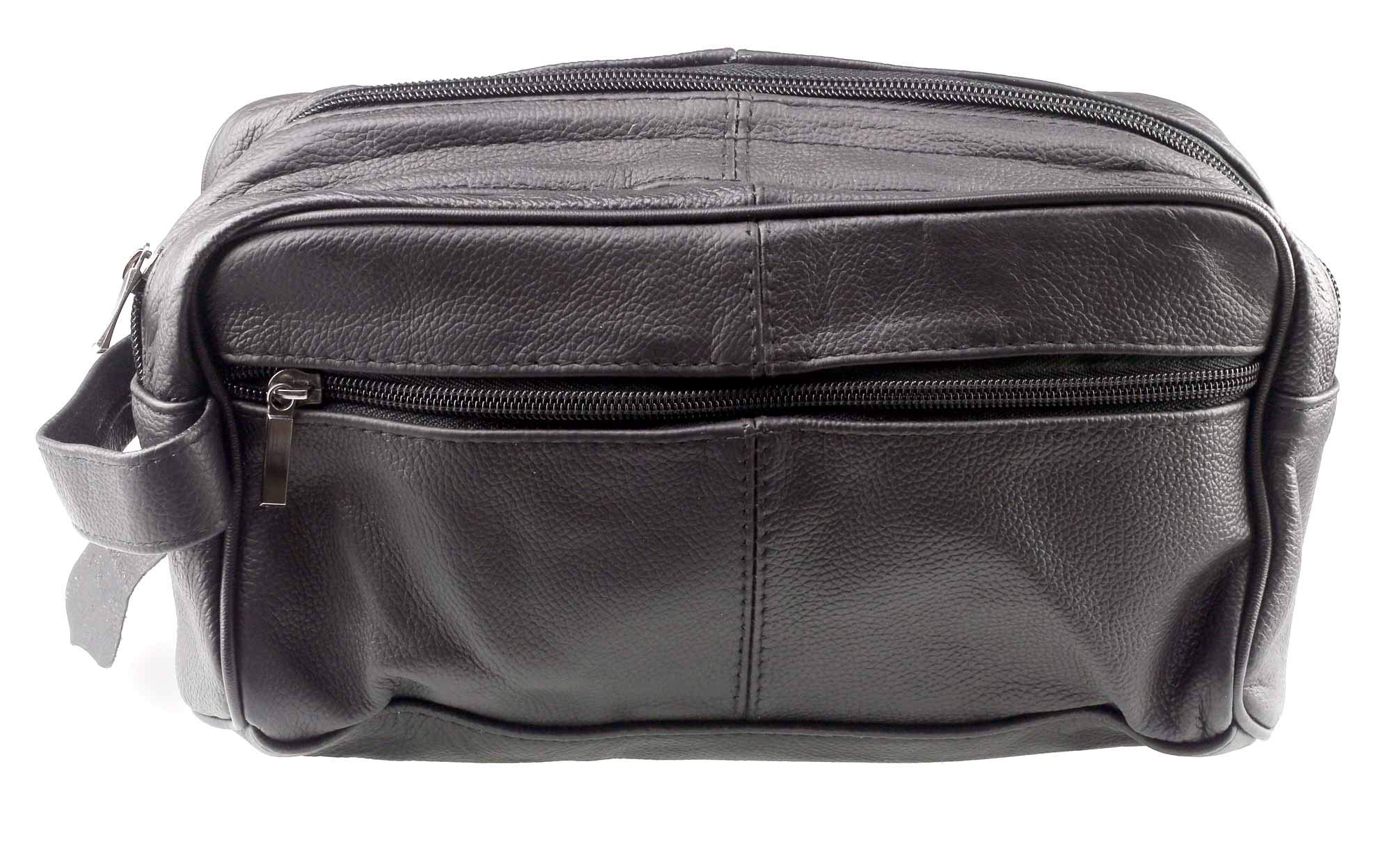 Premium Genuine Black Leather Men's Toiletry Bag with 2 Zip Compartments & Side Pocket - Perfect for Travel, Gym, and Business Trips