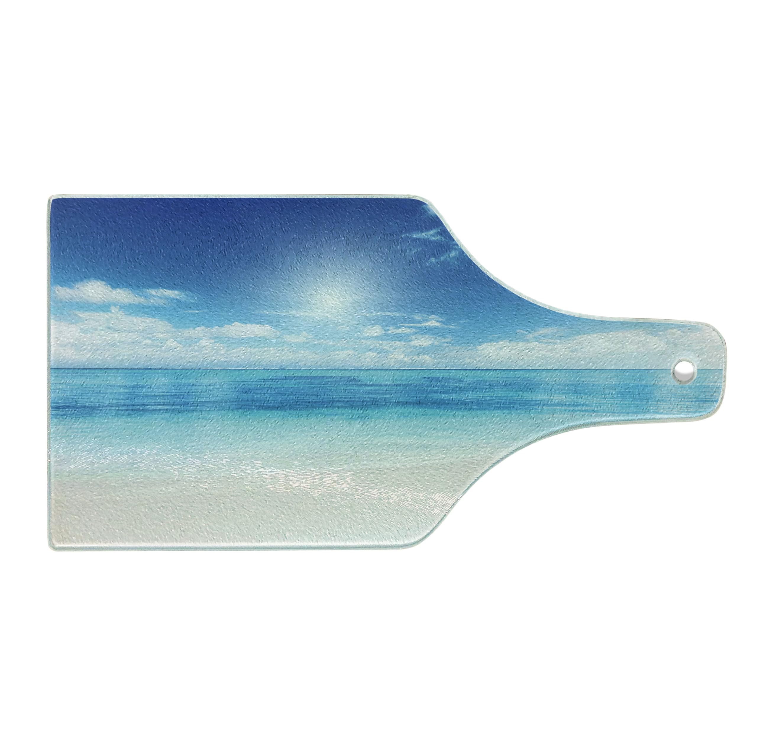Ambesonne Ocean Themed Tempered Glass Cutting Board - Caribbean Beach View, Wine Bottle Shape, Cream Turquoise White - Perfect for Serving Cheese, Charcuterie & Entertaining Guests