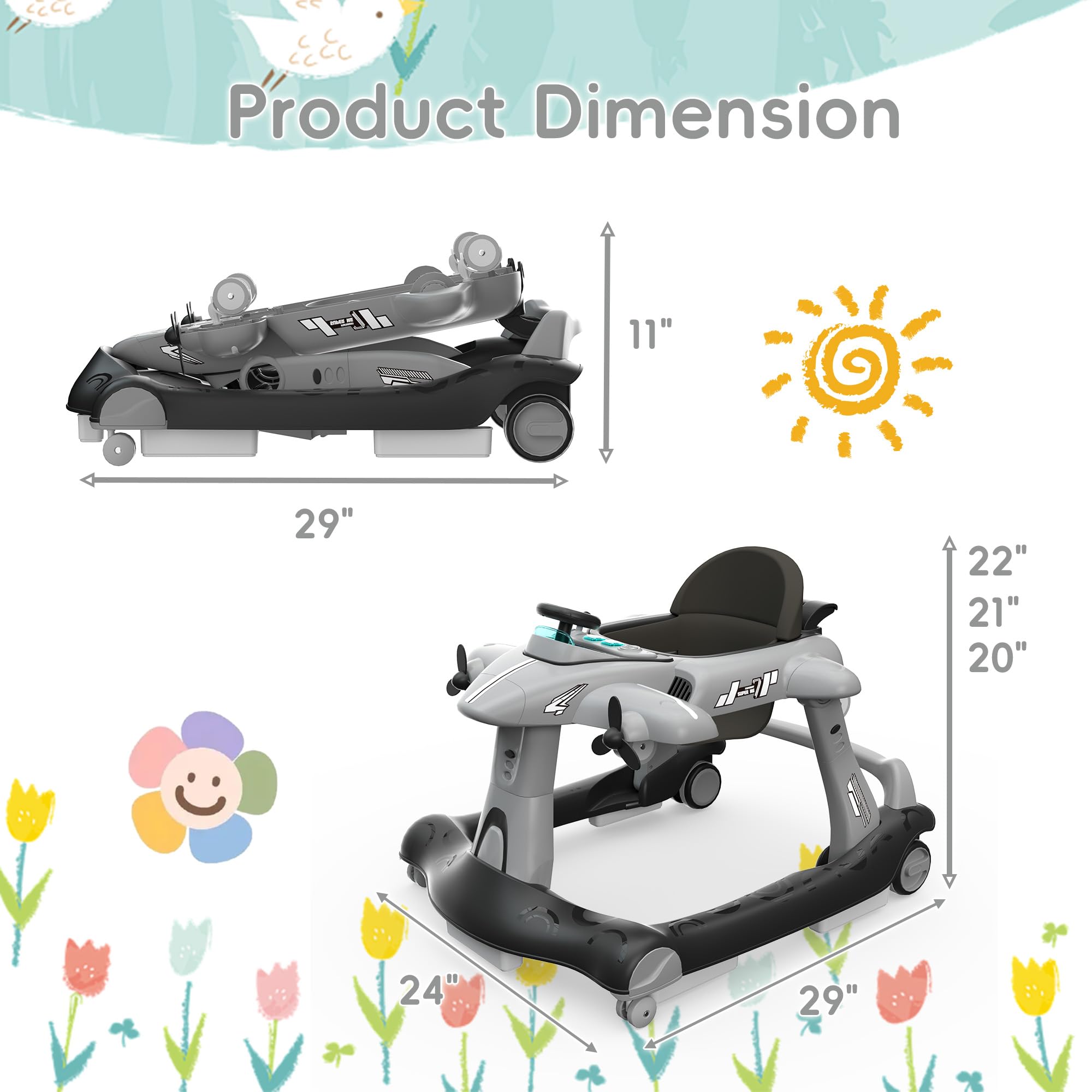 6-in-1 Foldable Baby Walker with Adjustable Height & Speed - Airplane-Themed Activity Push Walker with Music, Lights & Wheels - Anti-Slip Design for Boys & Girls 6-18 Months - Perfect for Learning to Walk, Indoor Play & Developmental Activities