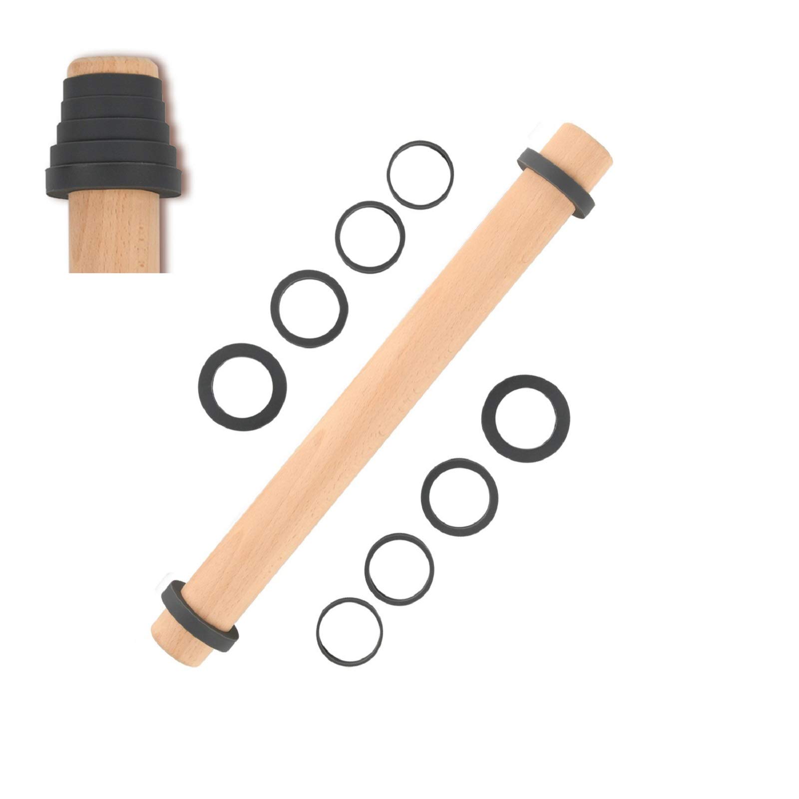 Adjustable Wooden Rolling Pin with Thickness Rings - Non Stick Baking Dough Roller with Spacer Bands for Cookies, Pies, Pastry & Bread - Perfect for Homemade Pizza, Fondant Decorating & Baking Enthusiasts (15.8 Inch, Grey) - Folksy Super Kitchen