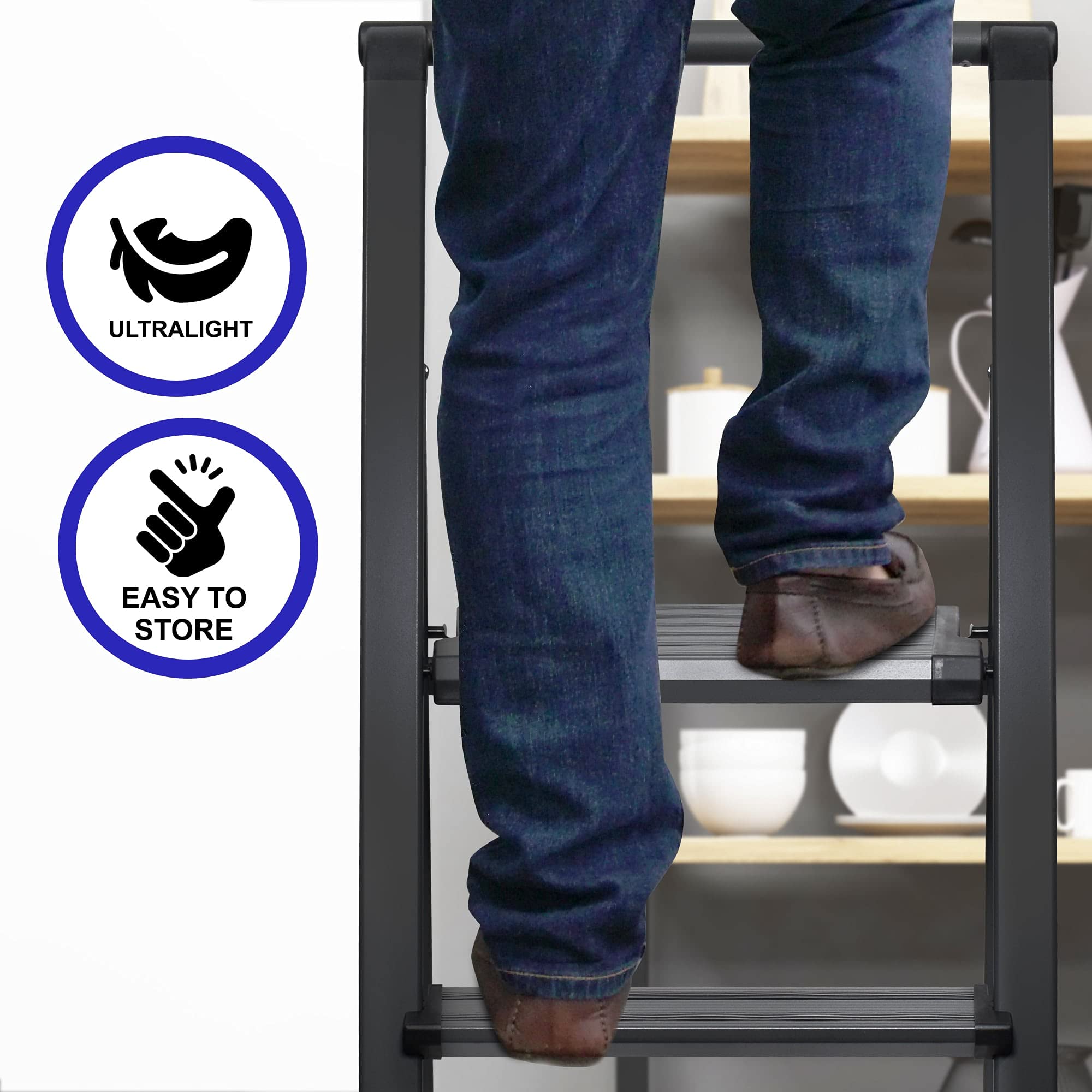 4 Step Folding Ladder - Modern Grey Aluminum Step Stool with Anti-Slip Steps | Ultra Slim & Sturdy Portable Design for Home, Office, Kitchen | Perfect for Photography, Shelving & DIY Projects | by SORFEY
