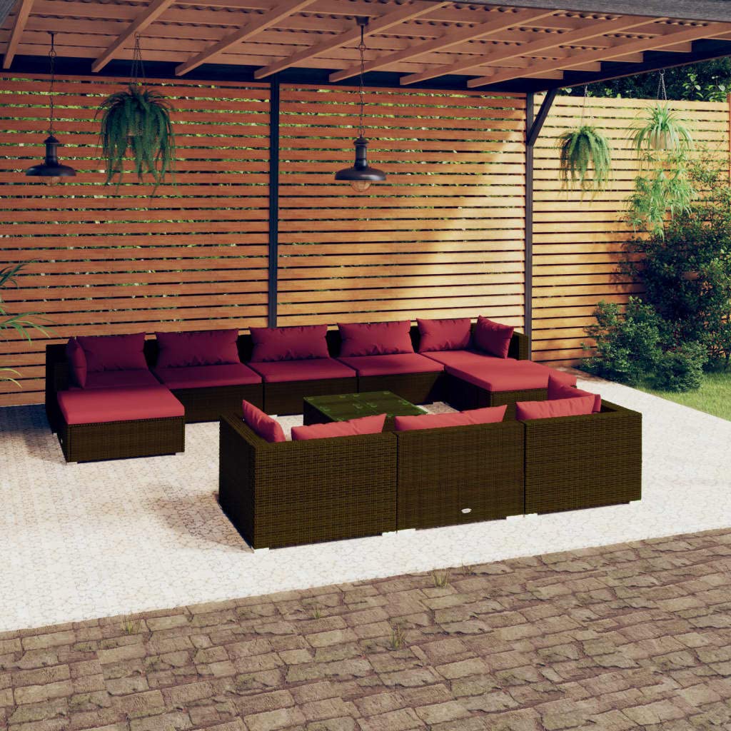 vidaXL 11-Piece Patio Lounge Set - Outdoor Garden Furniture with Cushions, Brown Poly Rattan Sectional Sofa for Backyard, Poolside & Terrace Relaxation
