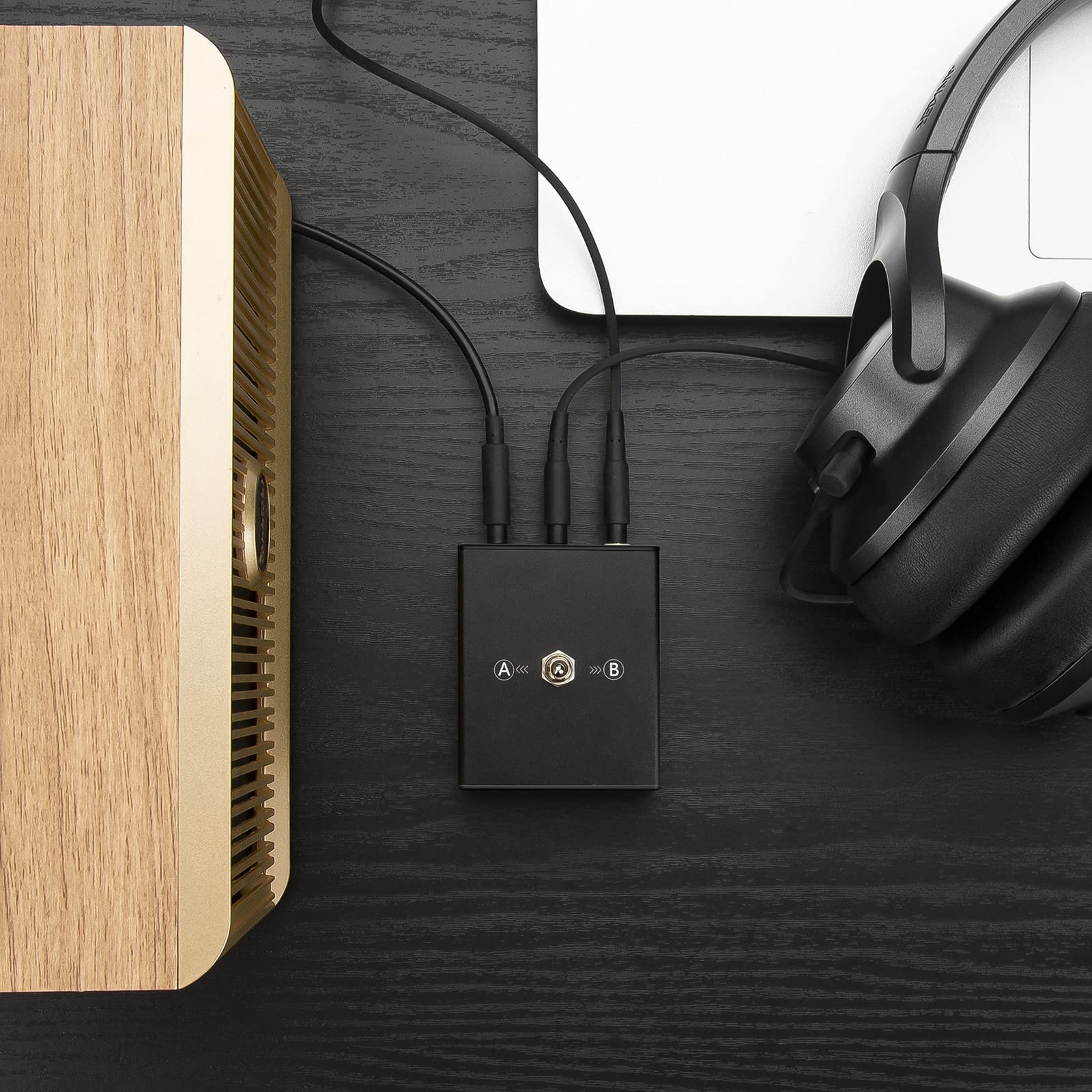 3.5mm Audio Switcher 2-Port Headphone Splitter Box (2-in-1 Out / 1-in-2 Out) - Manual Selector Adapter with 47.2 inch (120cm) Aux Cable - No Power Needed for Home Theater, Gaming & Studio Audio Setup