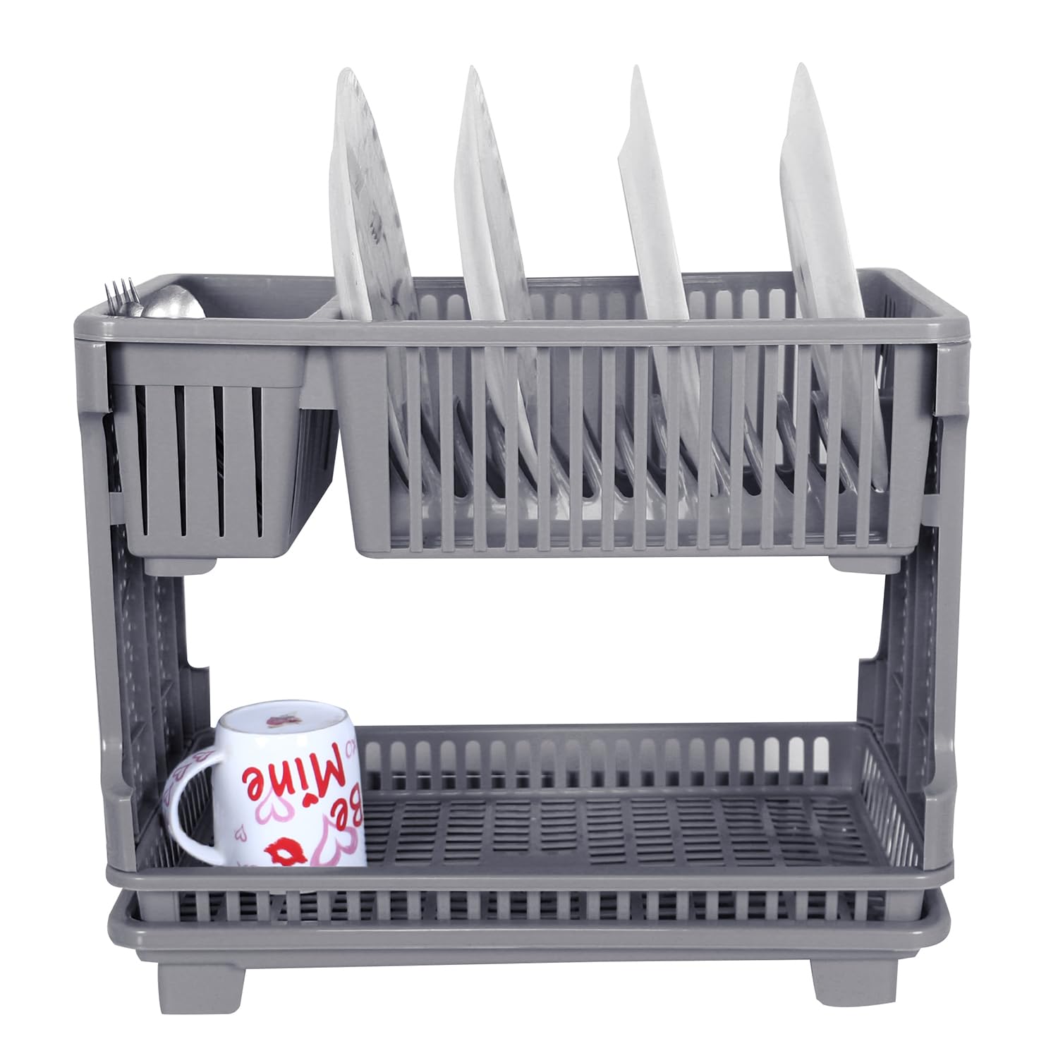 Kuber Industries Plastic Dish Drying Rack with Drainer & Tray - Space Saving Kitchen Organizer for Dishes, Utensils & Cookware | Gray | Perfect for Small Kitchens, Apartments & RVs