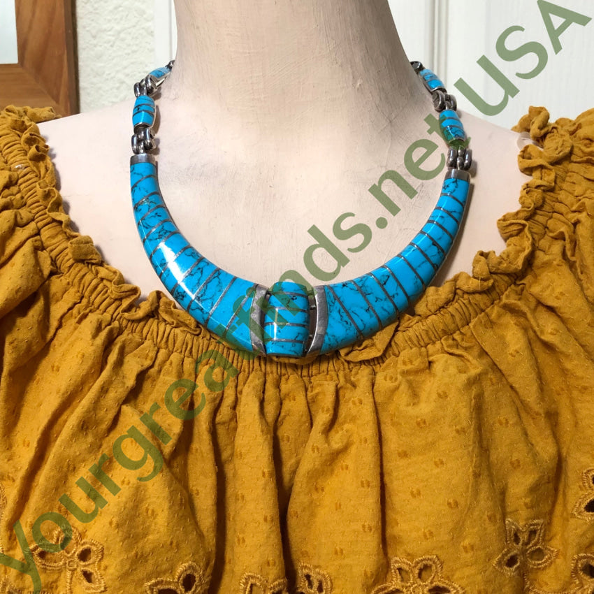 Vintage Sterling Silver & Turquoise Inlay Collar Necklace from Taxco Mexico | Handmade Southwest Jewelry for Women | Perfect for Boho, Western & Festival Fashion