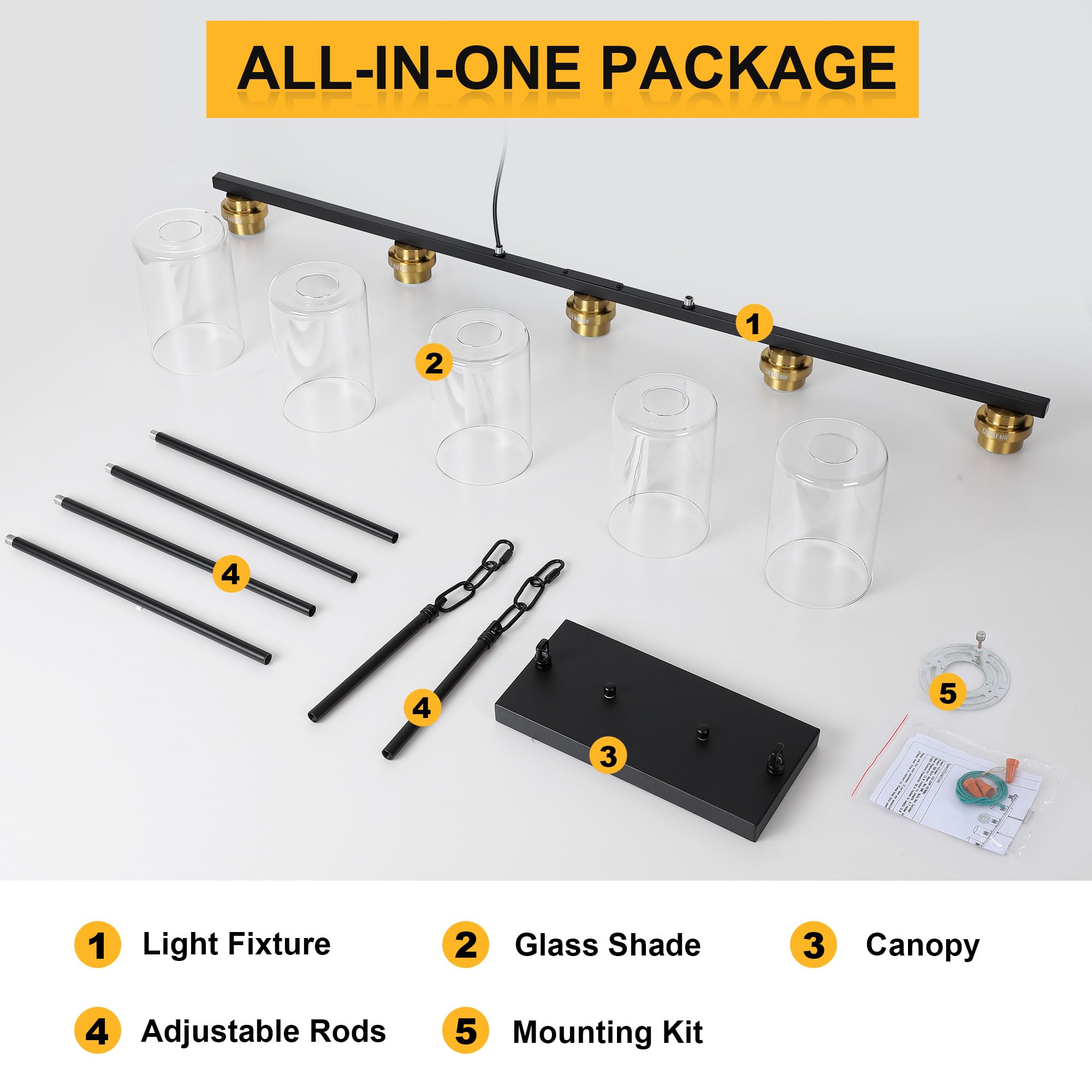 Black and Gold 5-Light Linear Chandelier - Modern Pendant Lighting for Kitchen Island, Dining Table & Living Room | Dimmable LED Fixture for Home Decor & Ambient Lighting