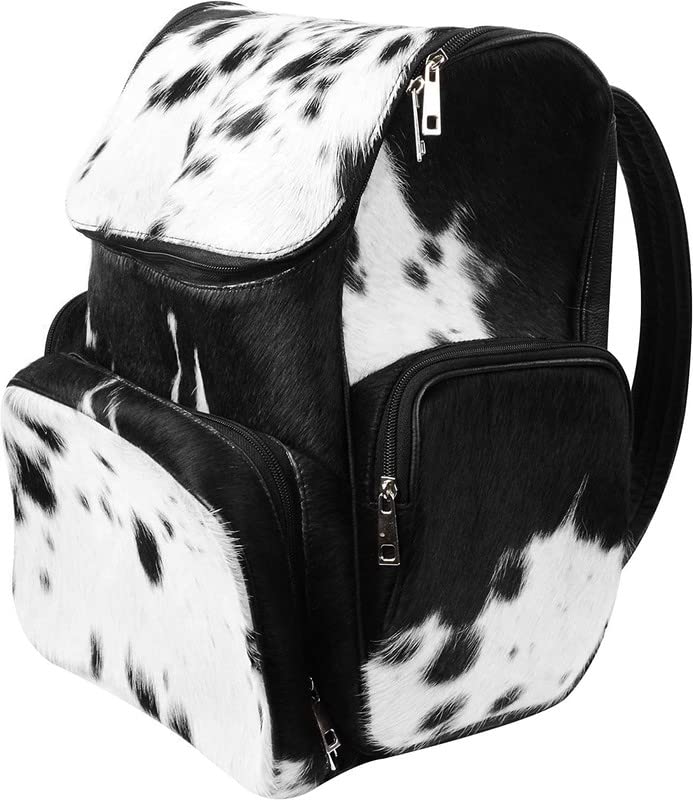 Facon Genuine Western Cowhide Leather Backpack for Men & Women - Durable Vintage Dad Bag & Stylish Boy Backpack - Perfect Shower Gift for New Parents - Ideal for Travel, Work & Outdoor Adventures (Black & White)