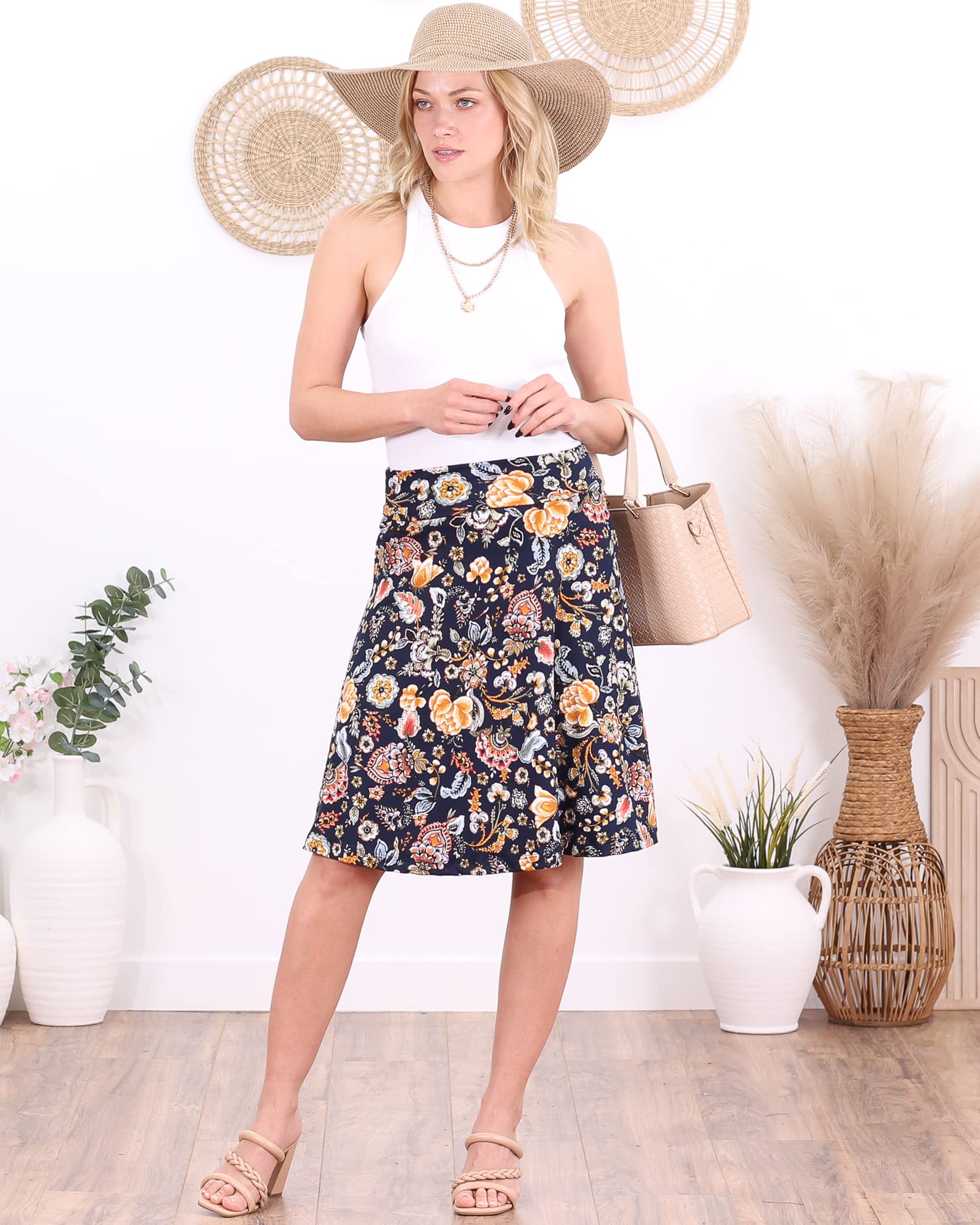Popana Women's Casual Knee-Length A-Line Stretch Midi Skirt - Plus Size Comfortable Elastic Waist Flowy Summer Skirt - Made in USA - Perfect for Office, Beach, Date Night & Casual Outings