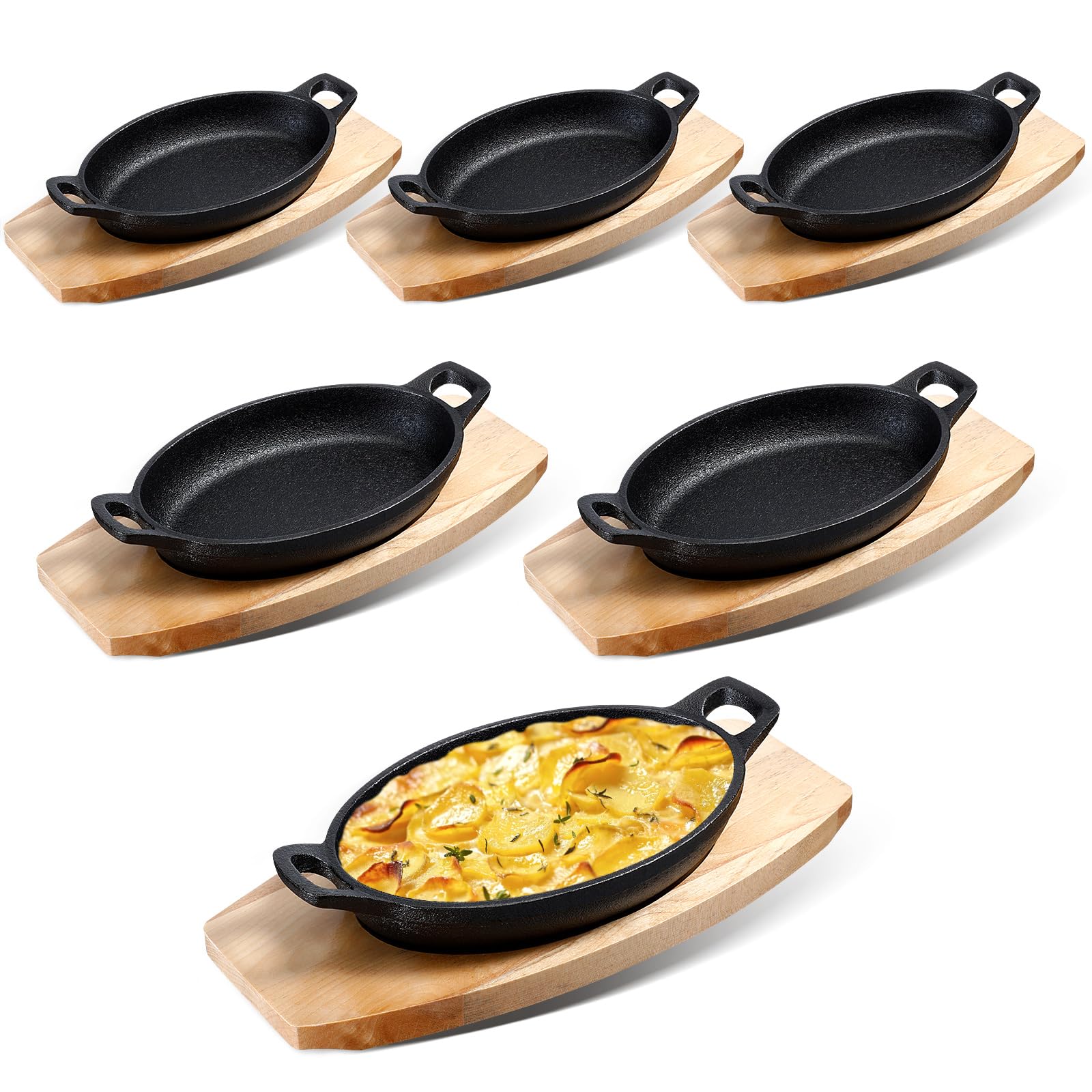 Mifoci 6-Piece Mini Cast Iron Skillet Set with Wooden Base - 8.7x4.7x1.6 Inch Oval Fajita Plates for Baking, Roasting, Grilling & Serving - Perfect for Appetizers, Tapas, Nachos & Sizzling Dishes at Home or Restaurants