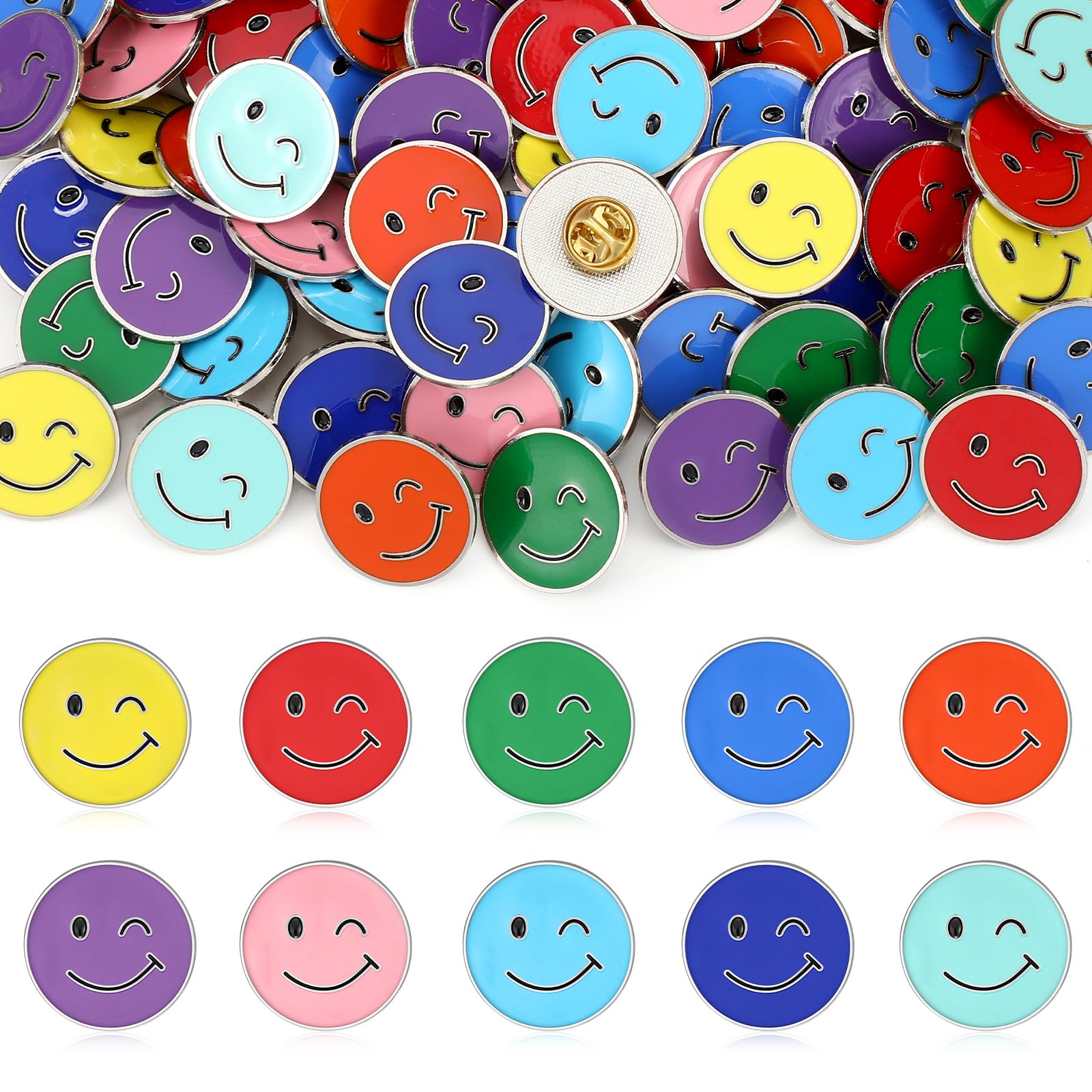 100 Pcs Happy Face Lapel Pins - Cute Smile Enamel Buttons with Butterfly Clasp - Bulk Teacher Appreciation Pins for Students, Kids Gifts, Clothes & Backpack Decor (Assorted Colors) - Perfect for Classroom Rewards, Party Favors & DIY Crafts