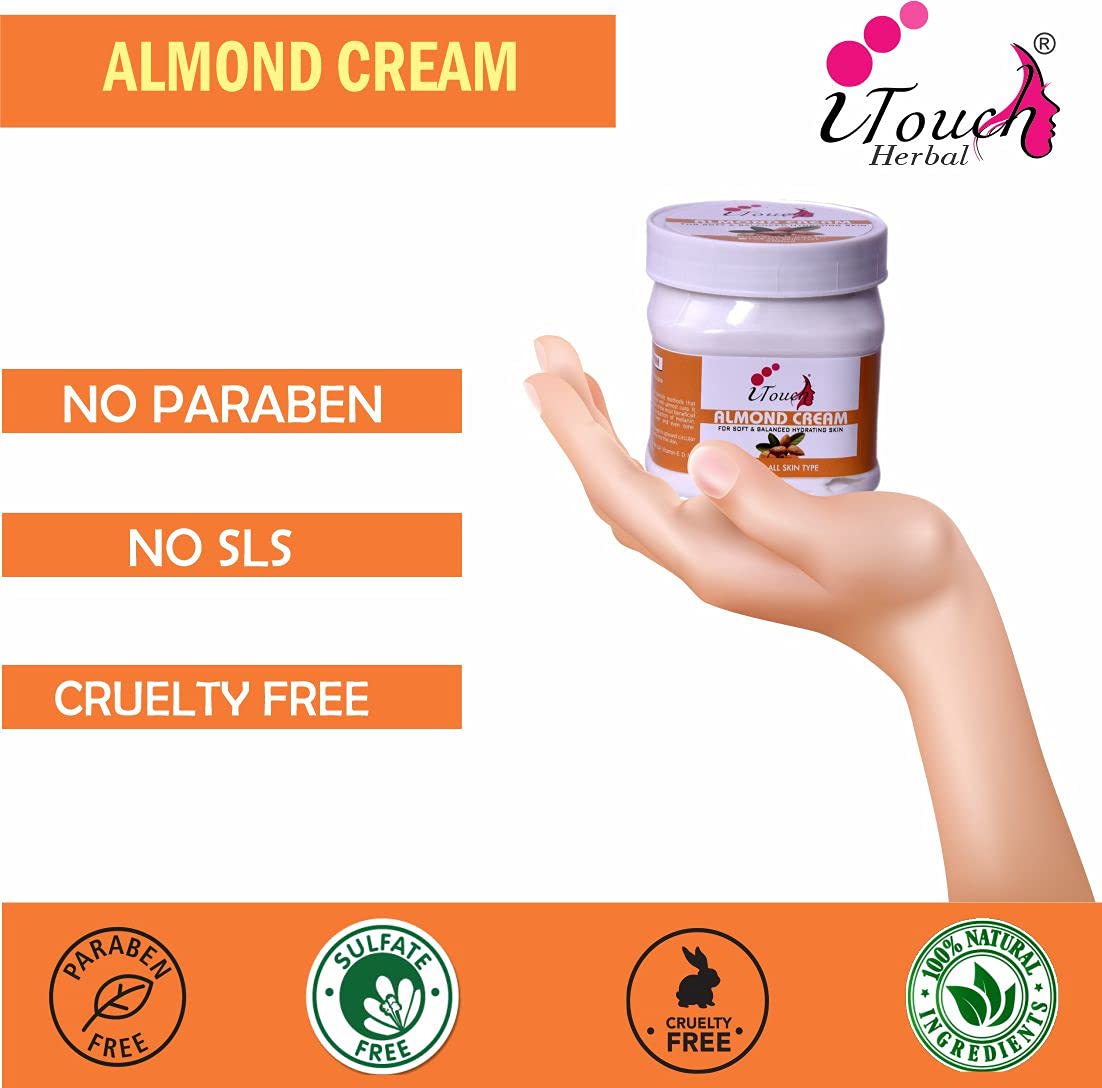 I TOUCH HERBAL Almond Cream for Face & Body - Moisturizing, Whitening & Brightening Cream | Softening & Nourishing Skin Care (500ml) | Perfect for Dry Skin & Nighttime Hydration