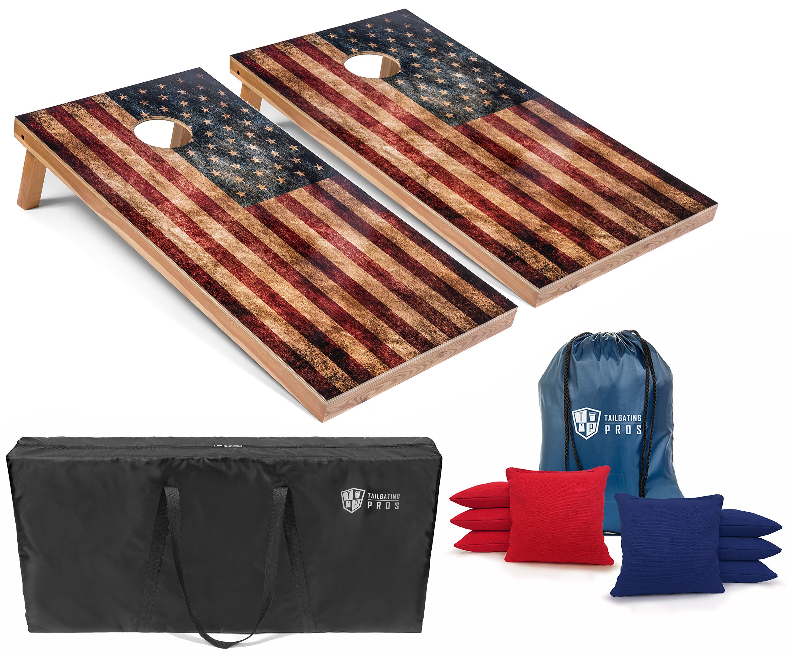 Rustic American Flag Cornhole Boards Set with Bean Bags - 4'x2' Distressed Wooden Cornhole Game with Carrying Case | Outdoor Tailgating, Backyard BBQ, and Party Games for Adults