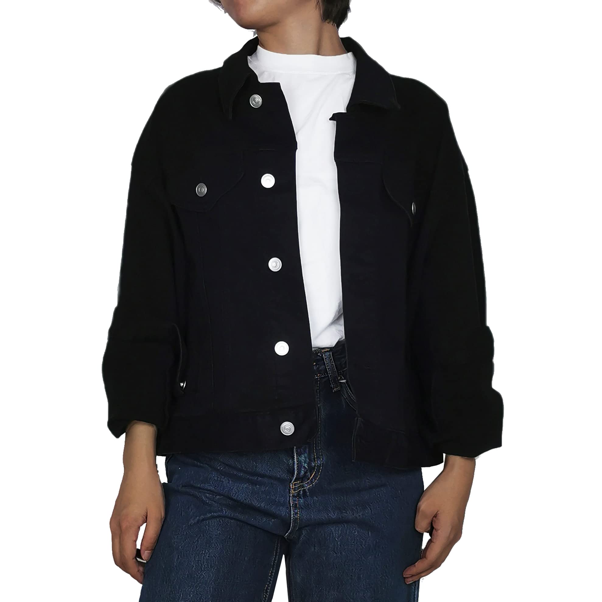 SUQIAOC Women's Black Stretch Denim Jacket with Sherpa Lining - Plus Size Trucker Coat for Casual Outfits & Winter Layering