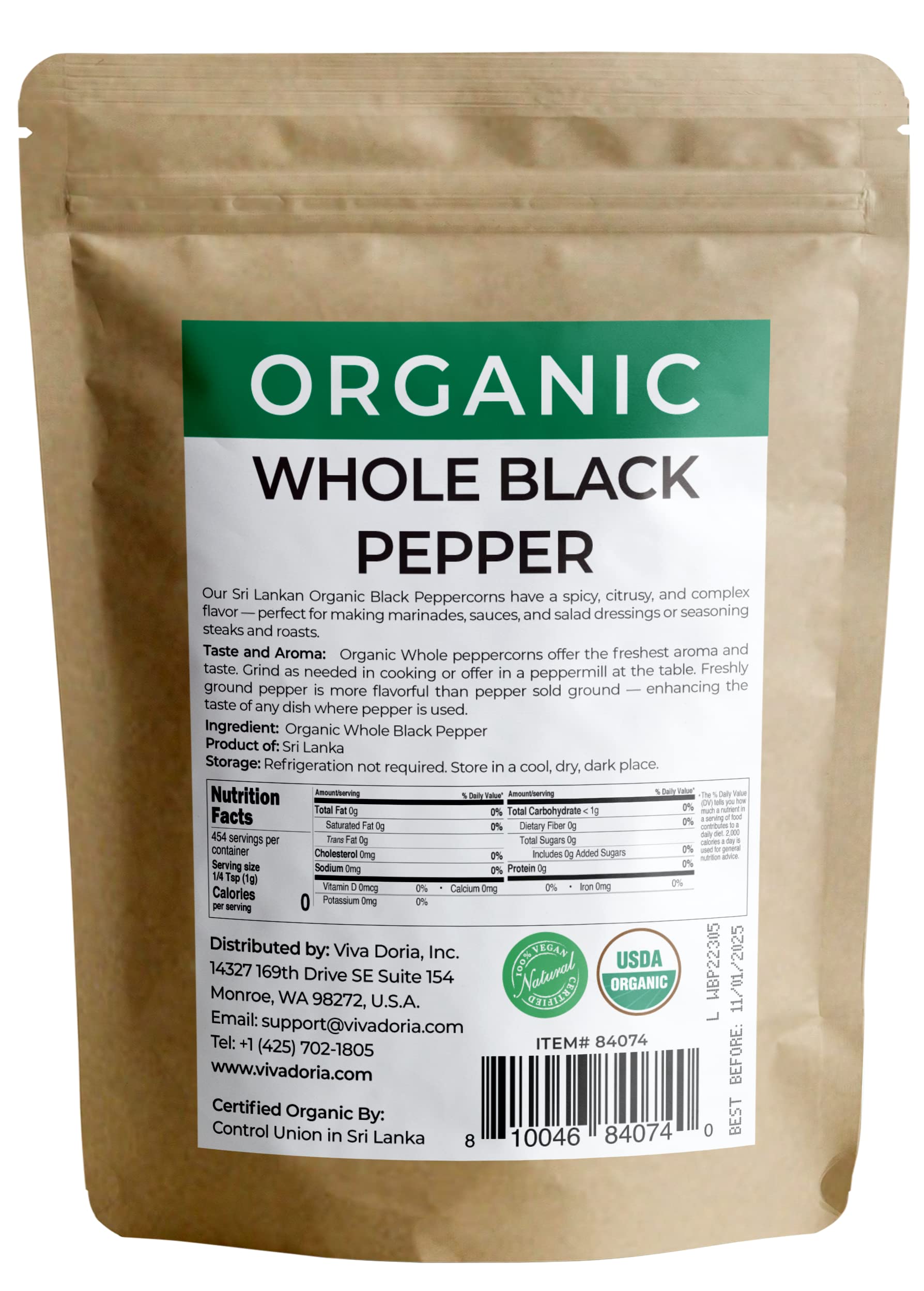 Organic Ceylon Whole Black Peppercorns 16oz (1 lb) - Premium Grade, Non-GMO, Gluten-Free - Perfect for Pepper Grinder Refills, Cooking, Seasoning & Gourmet Recipes