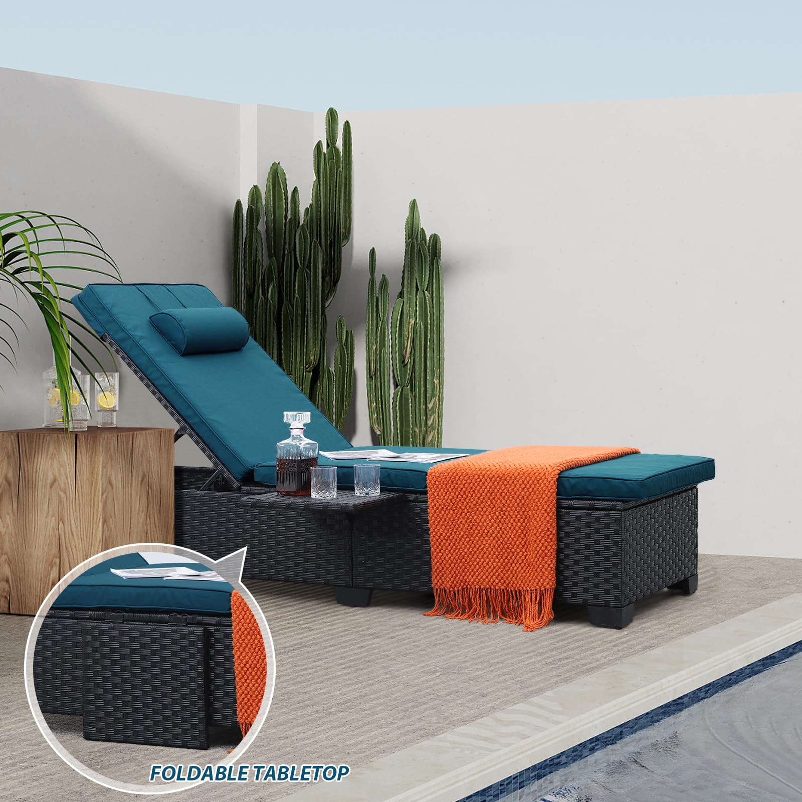 Outdoor Chaise Lounge Chairs Set of 2 - Black Wicker Rattan Reclining Pool Sunbathing Chair with Adjustable Backrest & Peacock Blue Cushion - Patio Furniture for Backyard, Beach, and Poolside Relaxation