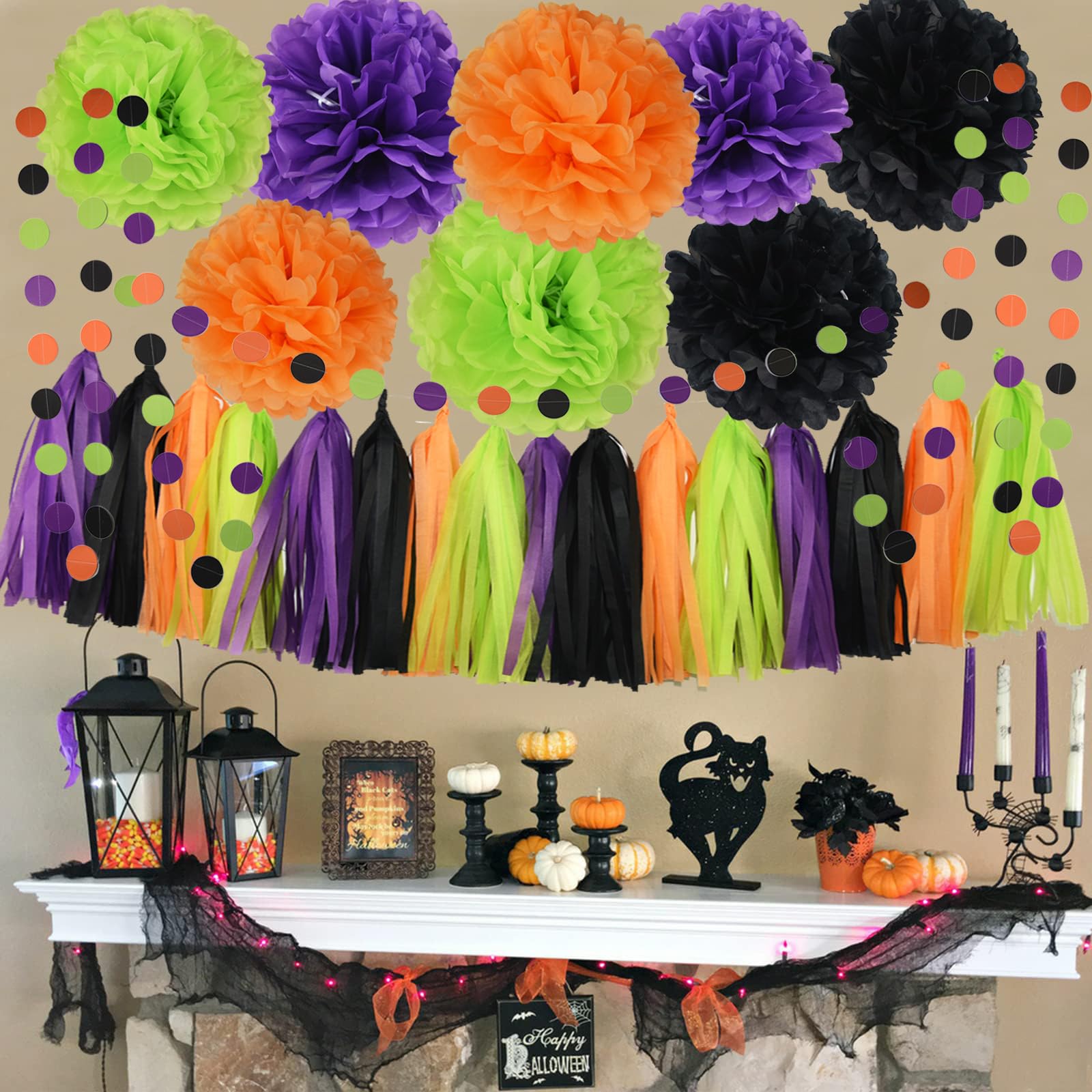 Halloween Car Decorations Kit - Hocus Pocus Trunk or Treat SUV Decor Set with Orange Black Purple Green Tissue Paper Pom Poms | Perfect for Halloween Parties, Birthday Celebrations & Baby Showers