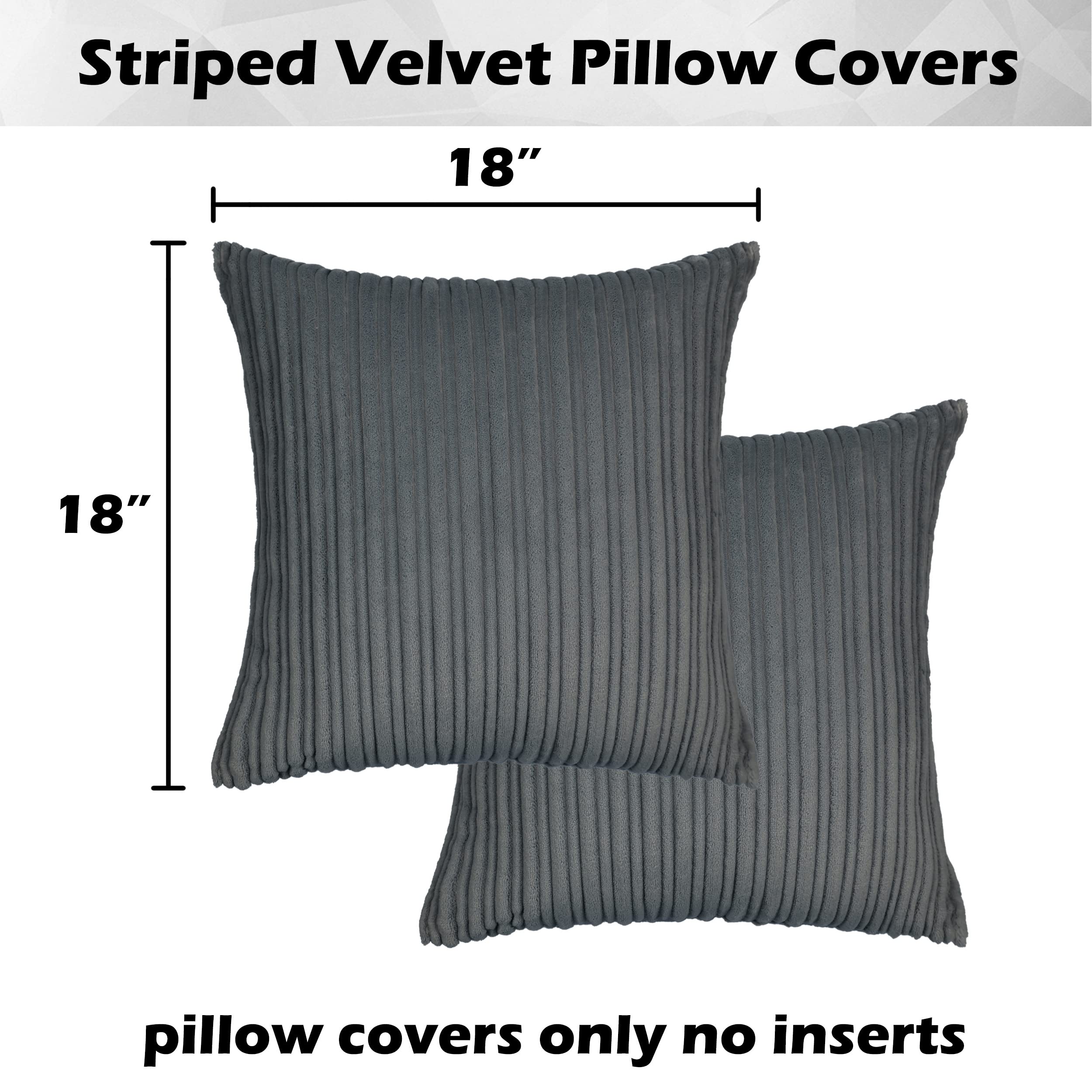 Kevin Textile 18x18 Inch Striped Corduroy Velvet Throw Pillow Covers Set of 2 - Dark Grey Euro Sham Cushion Covers for Sofa, Bed & Home Decor | Soft & Stylish Living Room & Bedroom Accent Pillows