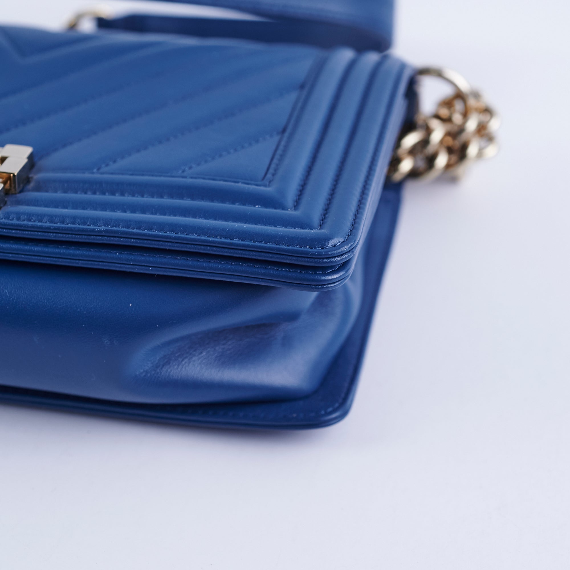 Chanel Old Medium Boy Chevron Lambskin Blue Leather Handbag - Luxury Crossbody Bag for Women, Perfect for Date Night & Special Occasions