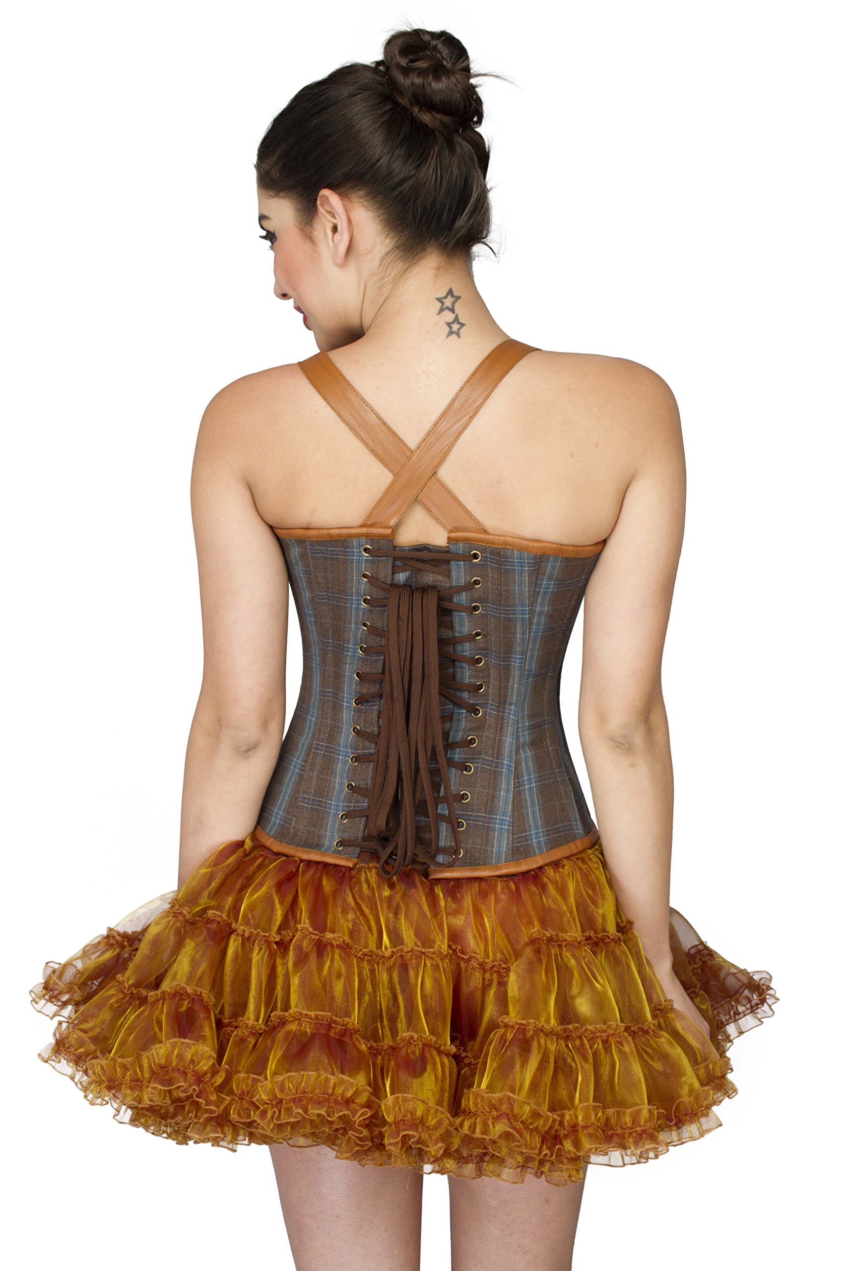 Brown Cotton Gothic Steampunk Corset Dress with Leather Straps - Victorian Overbust Costume for Cosplay, Renaissance Fairs & Themed Parties