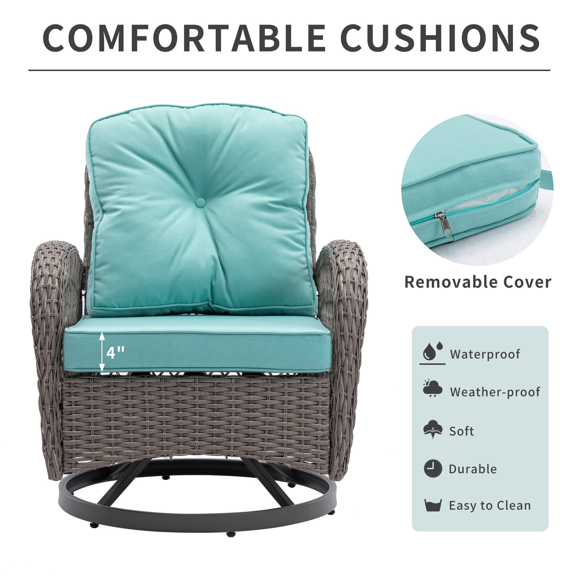 HOMEFUN 3-Piece Outdoor Swivel Rocker Patio Set - 360 Degree Rotating Wicker Bistro Chairs with Cushions & Coffee Table - Perfect for Garden, Balcony, and Backyard Relaxation
