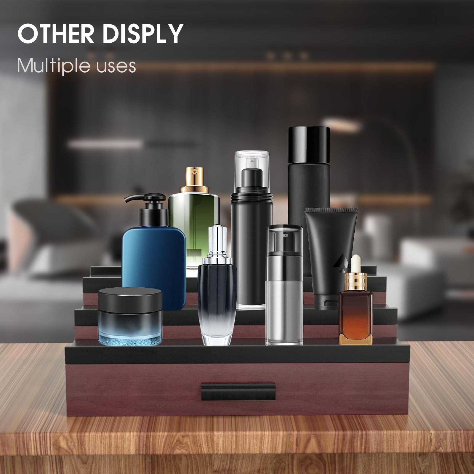 Premium 3-Tier Wooden Cologne Organizer for Men - Perfume Display Shelf with Drawer Storage, Fragrance Organization & Display Risers - Perfect Gift for Him, Dad, Husband (Burgundy Black) - Ideal for Bedroom Vanity, Bathroom Counter & Dresser Top Organization