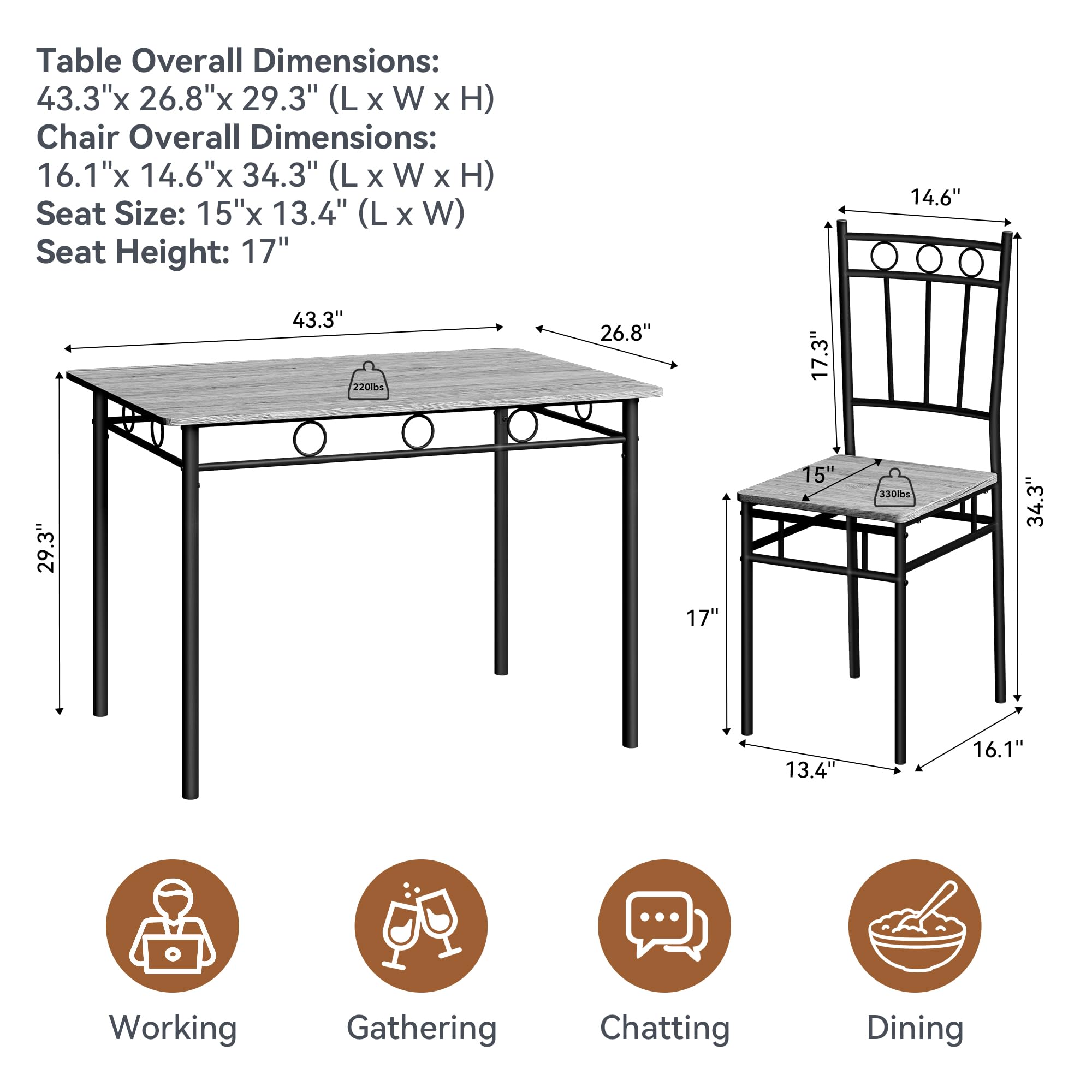 5-Piece Retro Grey Dining Table Set for 4 - Space-Saving Rectangular Kitchen Table with 4 Chairs - Perfect for Small Spaces, Apartments & Dinettes | Ideal for Family Meals, Dinner Parties & Cozy Breakfasts
