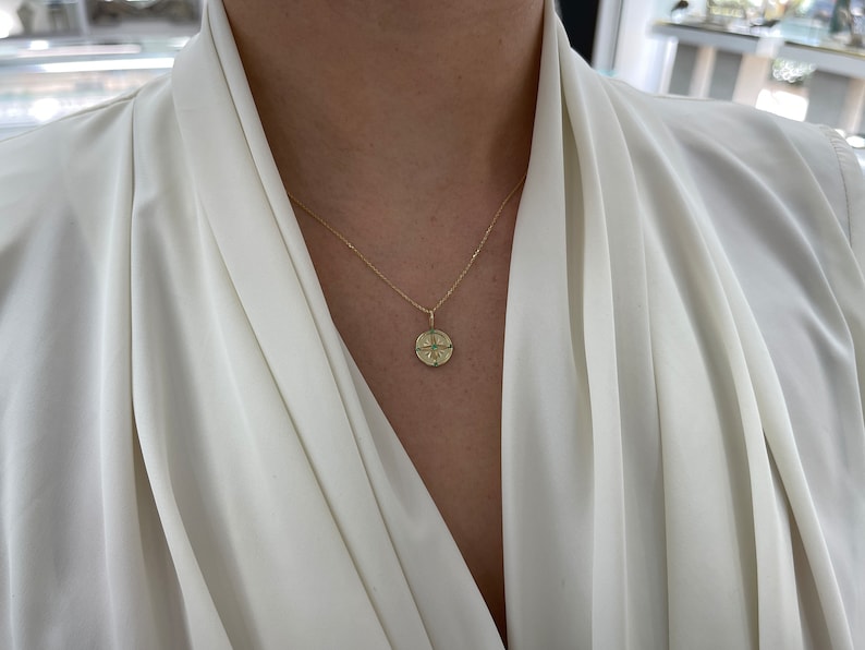 0.10tcw Natural Round Emerald Compass Pendant in 14K Gold - Dainty Vivid Medium Green Gemstone Jewelry for Women - Perfect for Everyday Wear, Gift Giving & Special Occasions