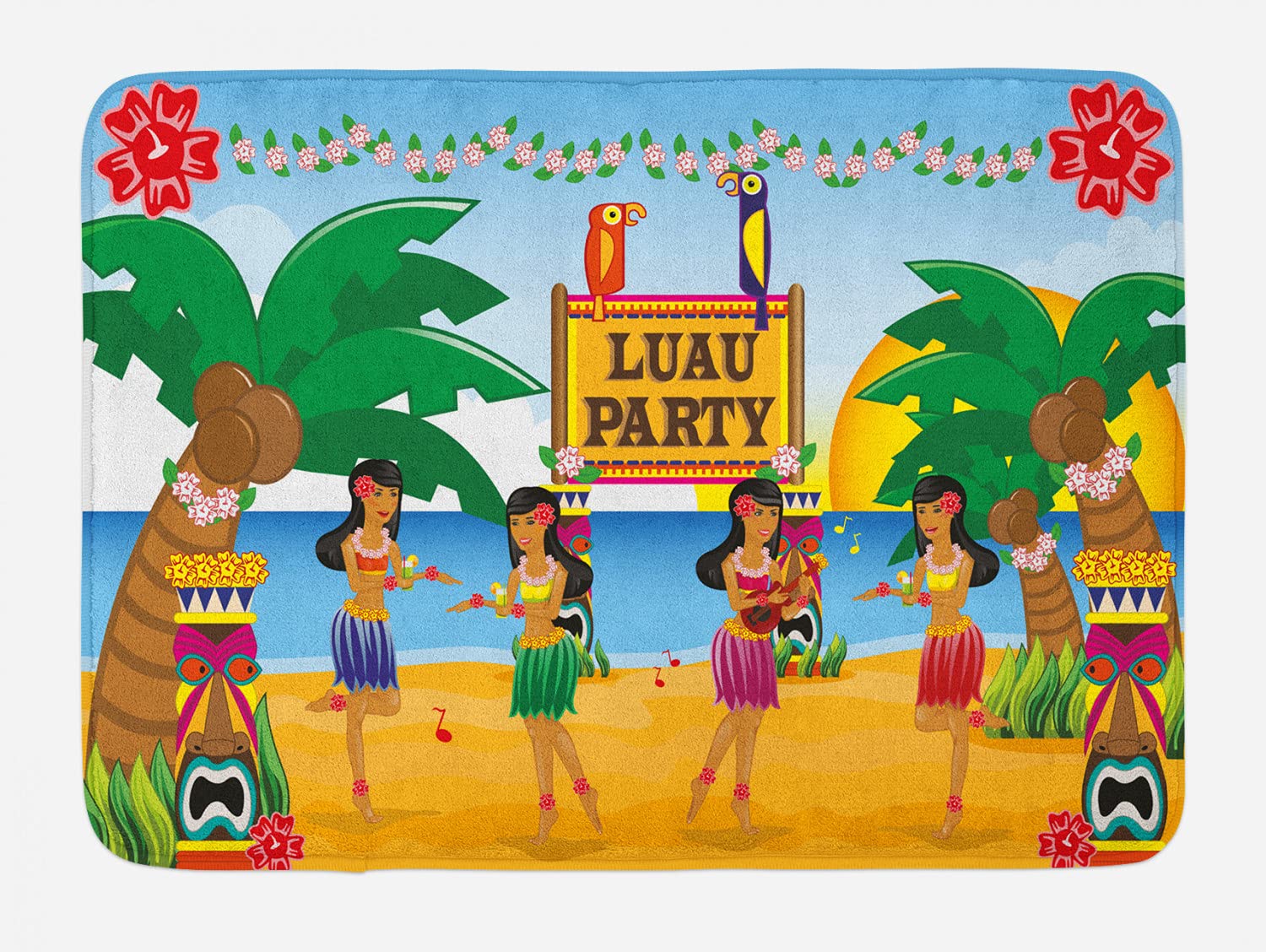 Ambesonne Non-Slip Tiki Bar Bath Mat - Hawaiian Luau Party Cartoon Design with Beach Dancers, Soft Plush Bathroom Decor Mat, 30.2