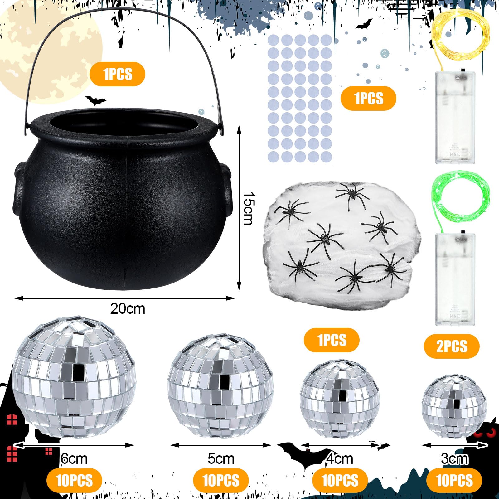 Jenaai 96 Pcs Halloween Party Decorations Kit - Plastic Witch Cauldron with Disco Bubbling Effect, 40 Ball Ornaments, 2 LED Light Strings, 20g Spider Webs, 2 Fake Spiders & 50 Adhesive Points - Perfect for Halloween Decor, Themed Parties & Spooky Home Decorations