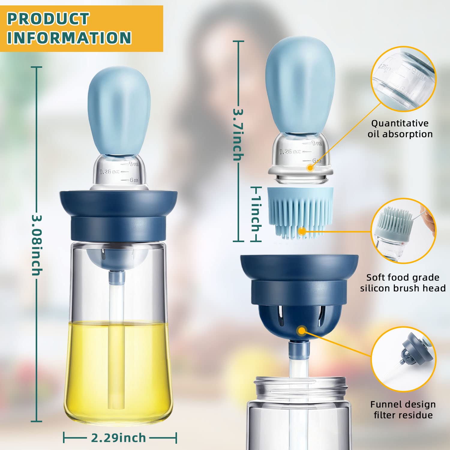 Premium Glass Oil Bottle with Silicone Brush - 2-in-1 Olive Oil Dispenser for Kitchen, Cooking, BBQ, Grill & Air Fryer - Perfect for Basting, Marinating & Salad Dressing (Blue)