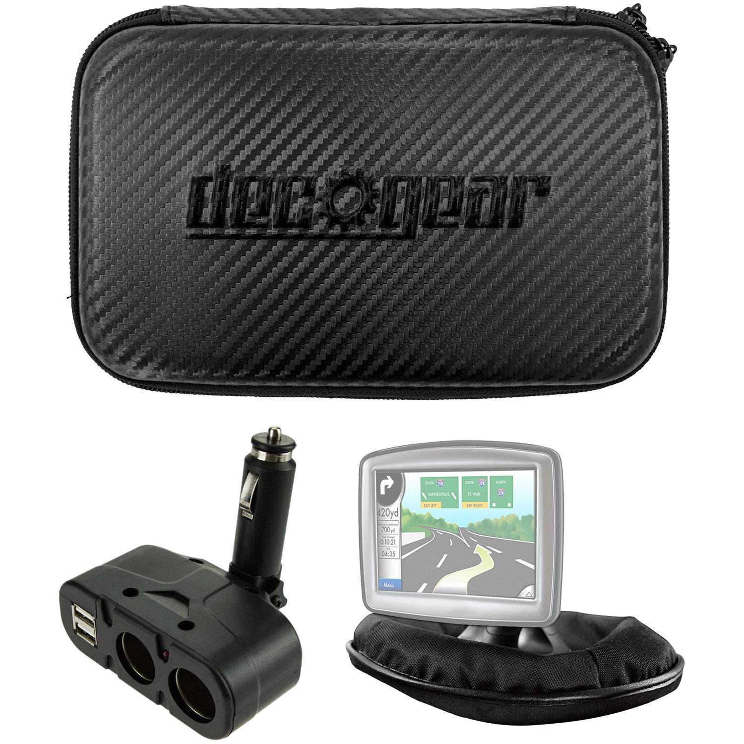 Deco Gear GPS Essentials Bundle - Weighted Mount, DC Splitter & Hard Case for Car Navigation | Perfect for Truckers, RV Travel & Road Trips