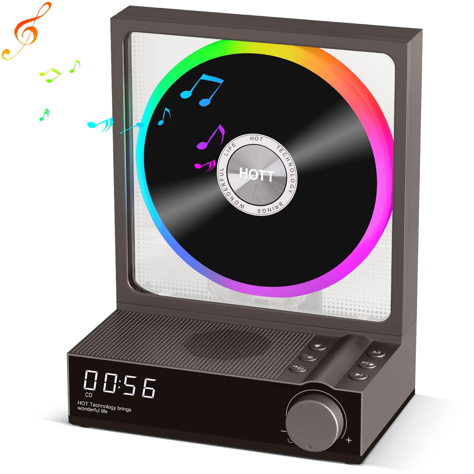 Portable Bluetooth CD Player with HiFi Speakers - 5.3 Wireless, RGB Lights, TF Card Slot & USB Recording - Desktop CD Player with LED Display for Home, Office & Car Use (Grey)