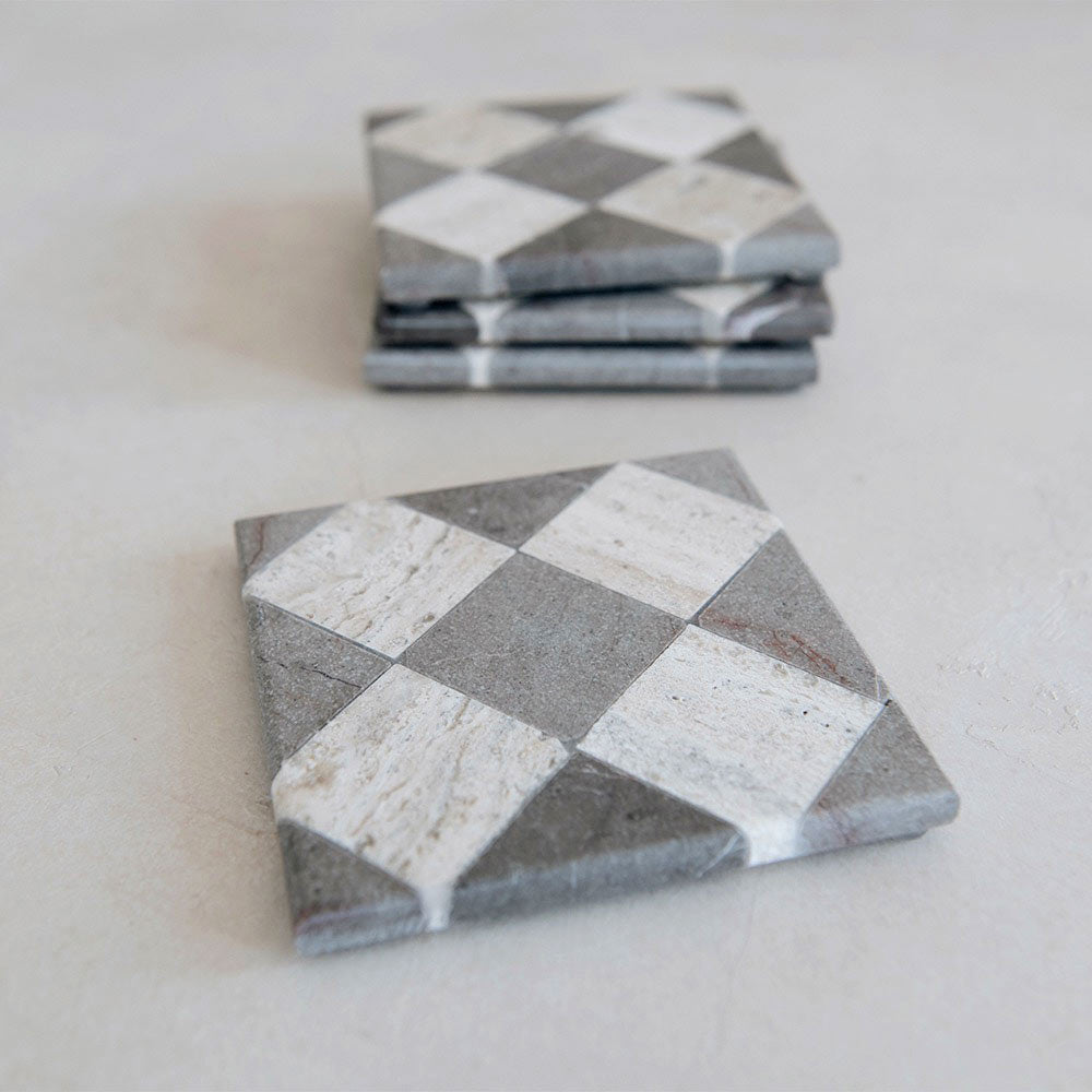 Checkered Marble and Travertine Coaster Set - 4-Piece Elegant Drink Coasters for Coffee, Wine & Cocktails - Perfect for Home, Office & Party Use
