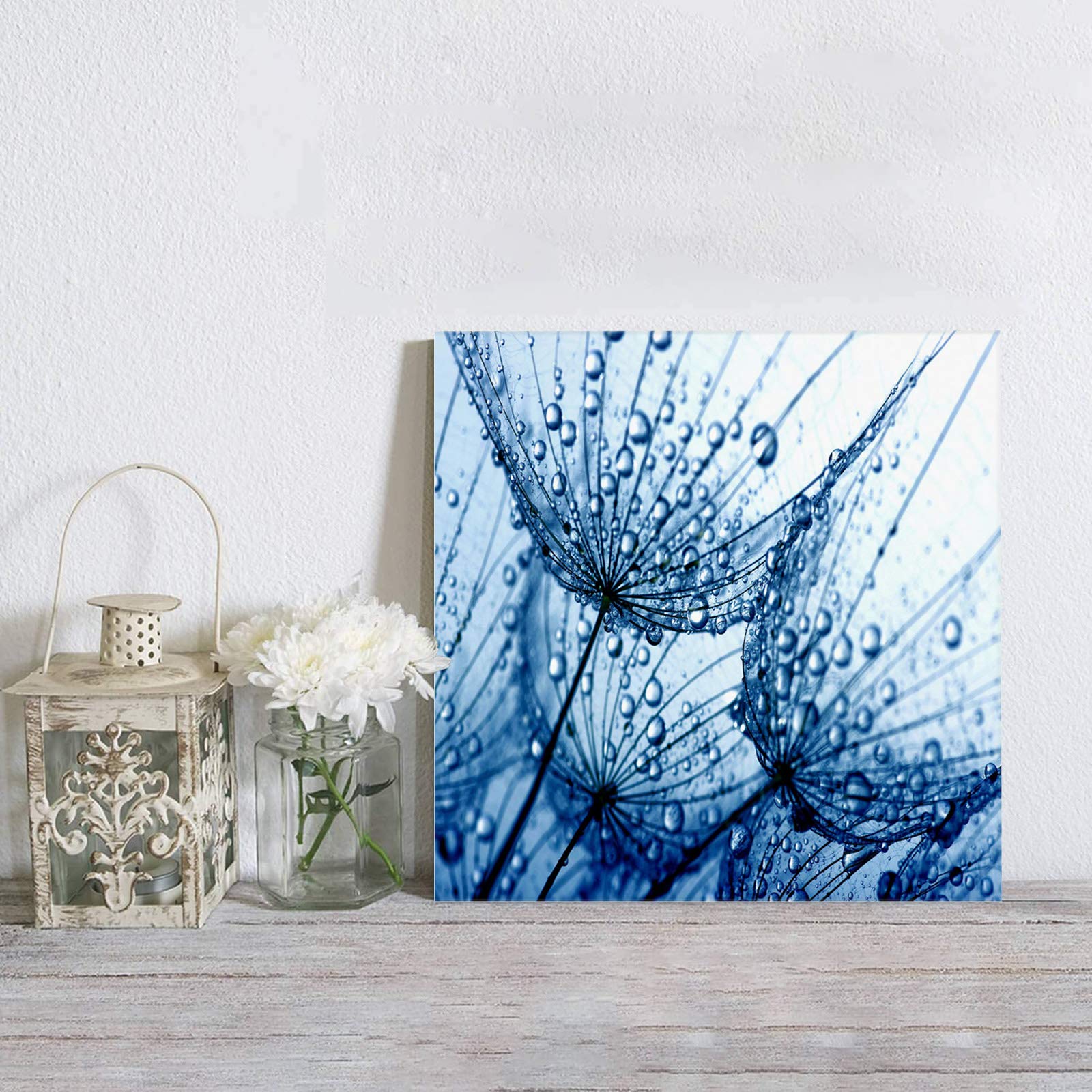 Blue Dandelion Water Droplets Abstract Canvas Wall Art - Framed Painting Print for Bedroom, Bathroom & Kitchen Decor - Ready to Hang Gift (28x28 Inches) - Perfect for Modern Home, Office & Wedding Decorations