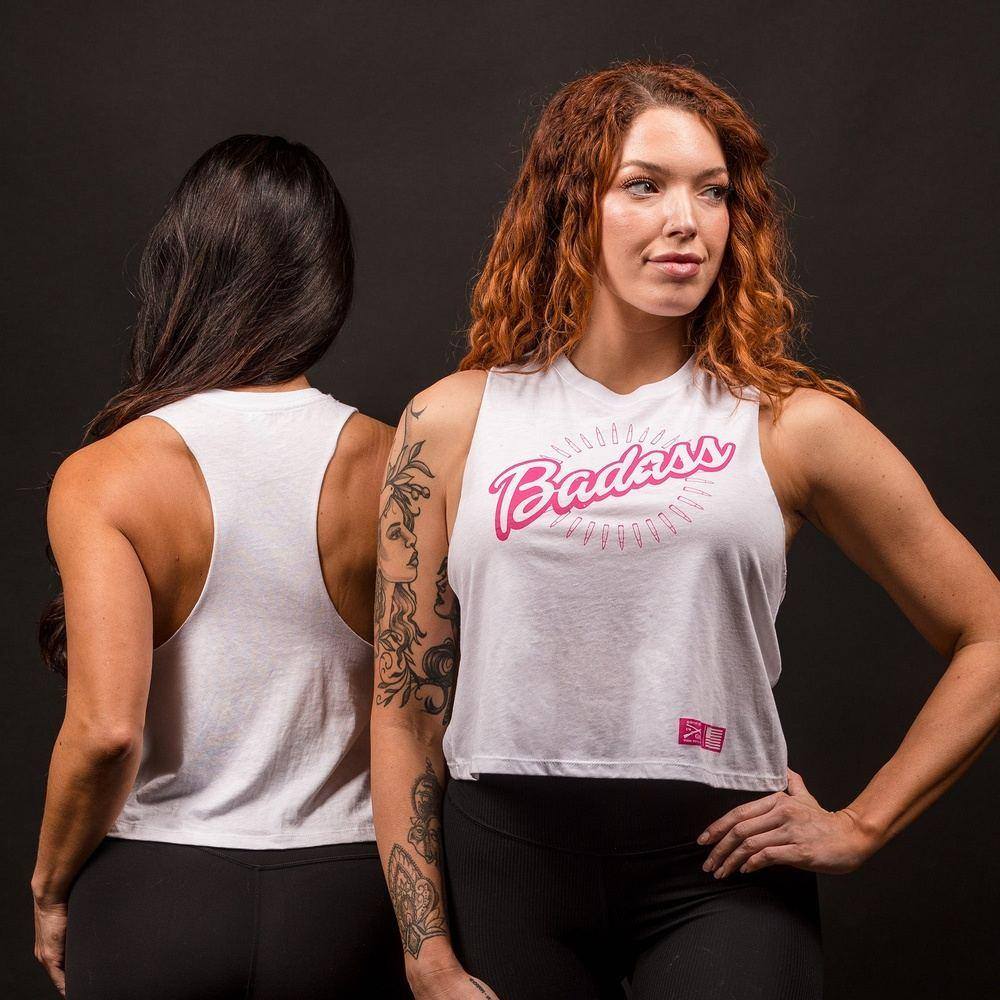 Women's Badass Racerback Cropped Tank Top - White | Workout & Gym Essential | Yoga, Running & Fitness Apparel