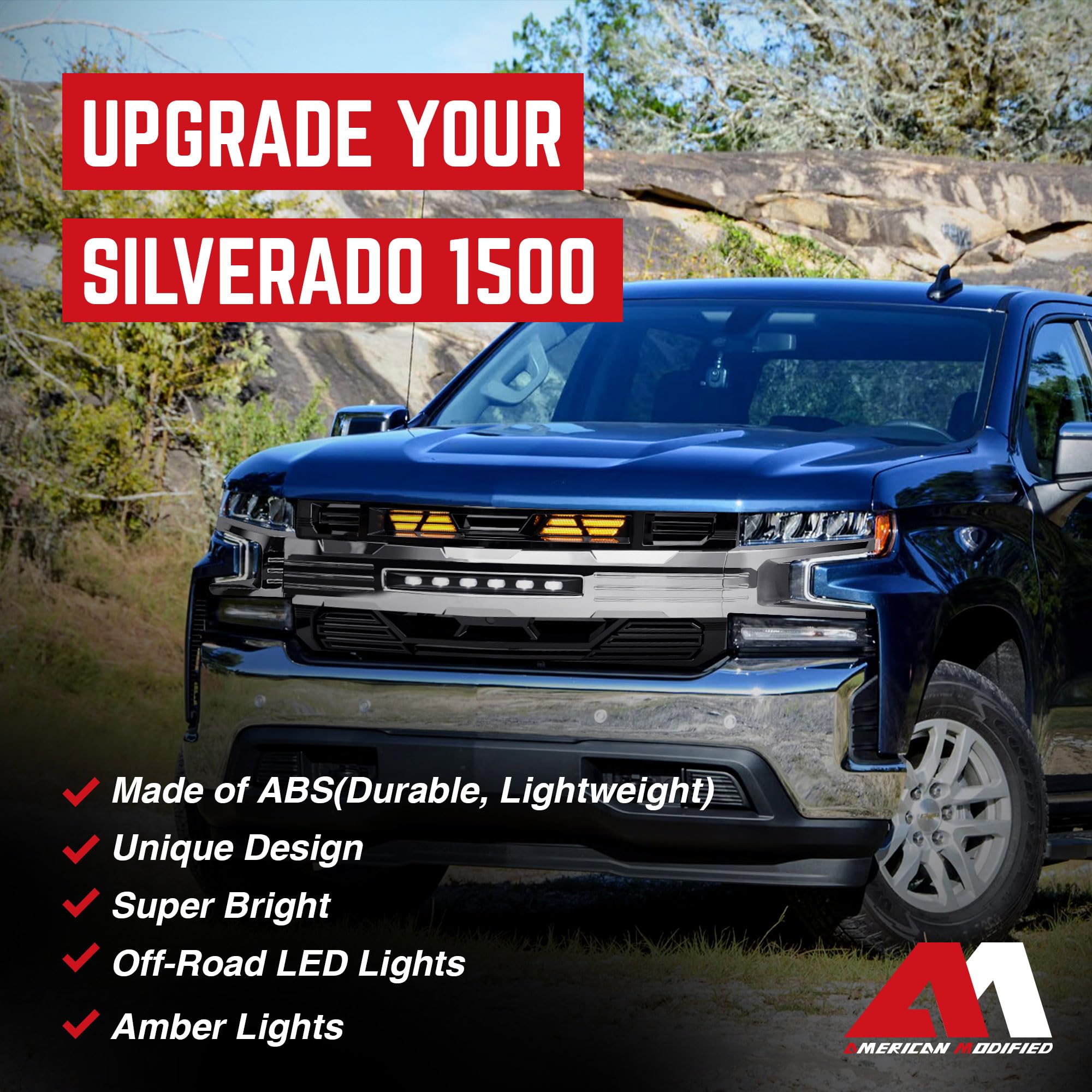2019-2021 Chevy Silverado 1500 LED Light Chrome Armor Grille | Heavy Duty Front Bumper Protection | Off-Road & Street Style Upgrade