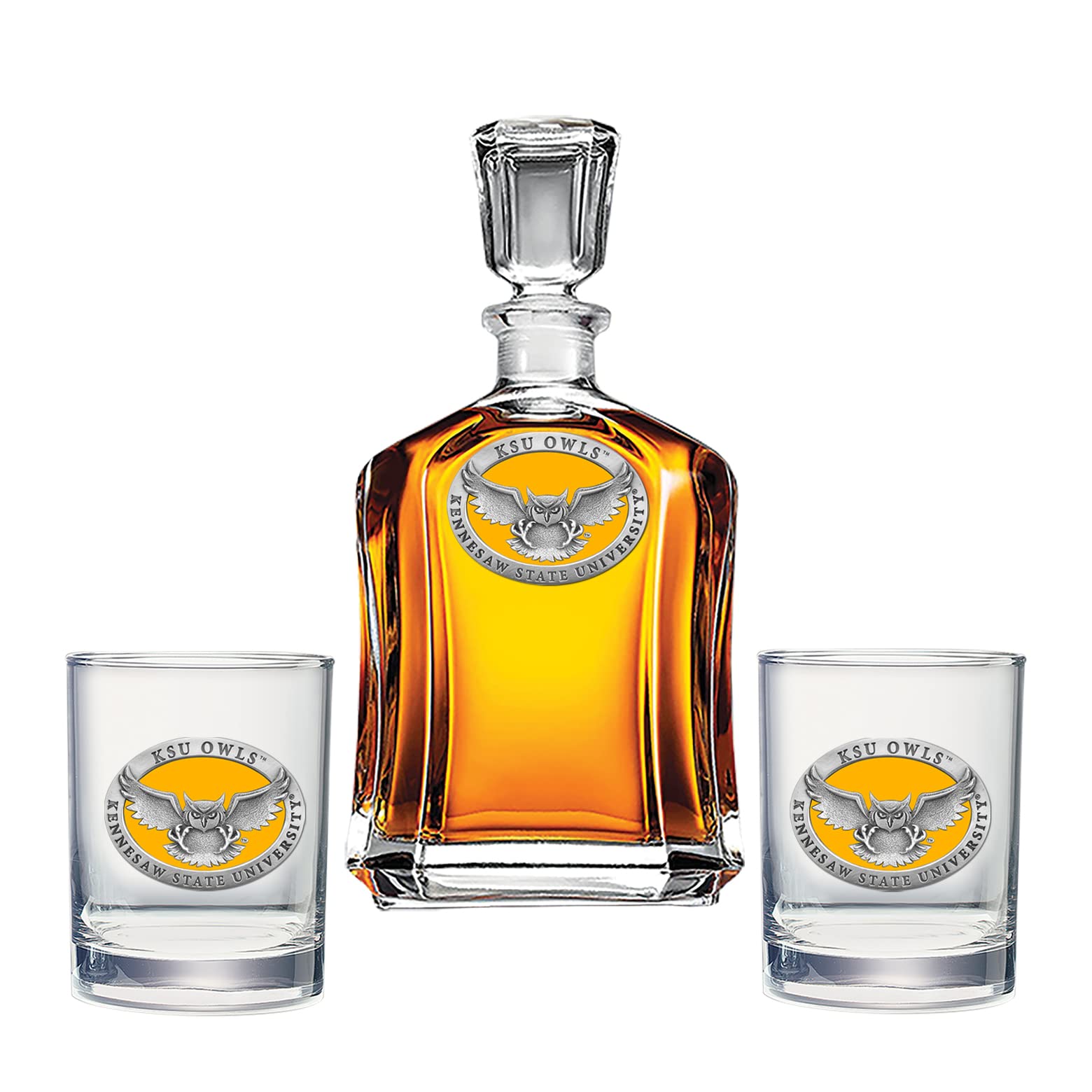 Kennesaw State Pewter Decanter Set with 2 Double Old-Fashioned Glasses - 24oz Elegant Liquor Pourer & Drinking Glasses | Handcrafted Heritage Pewter Barware | Perfect for Whiskey, Bourbon & Home Bar Entertaining