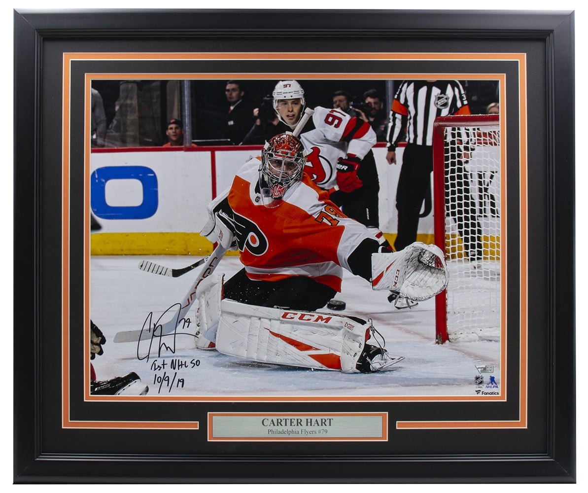 Carter Hart Autographed Philadelphia Flyers 16x20 Framed Photo - 1st NHL Shutout 10/9/19 - Fanatics Certified - Perfect for Hockey Memorabilia Collection & Man Cave Decor