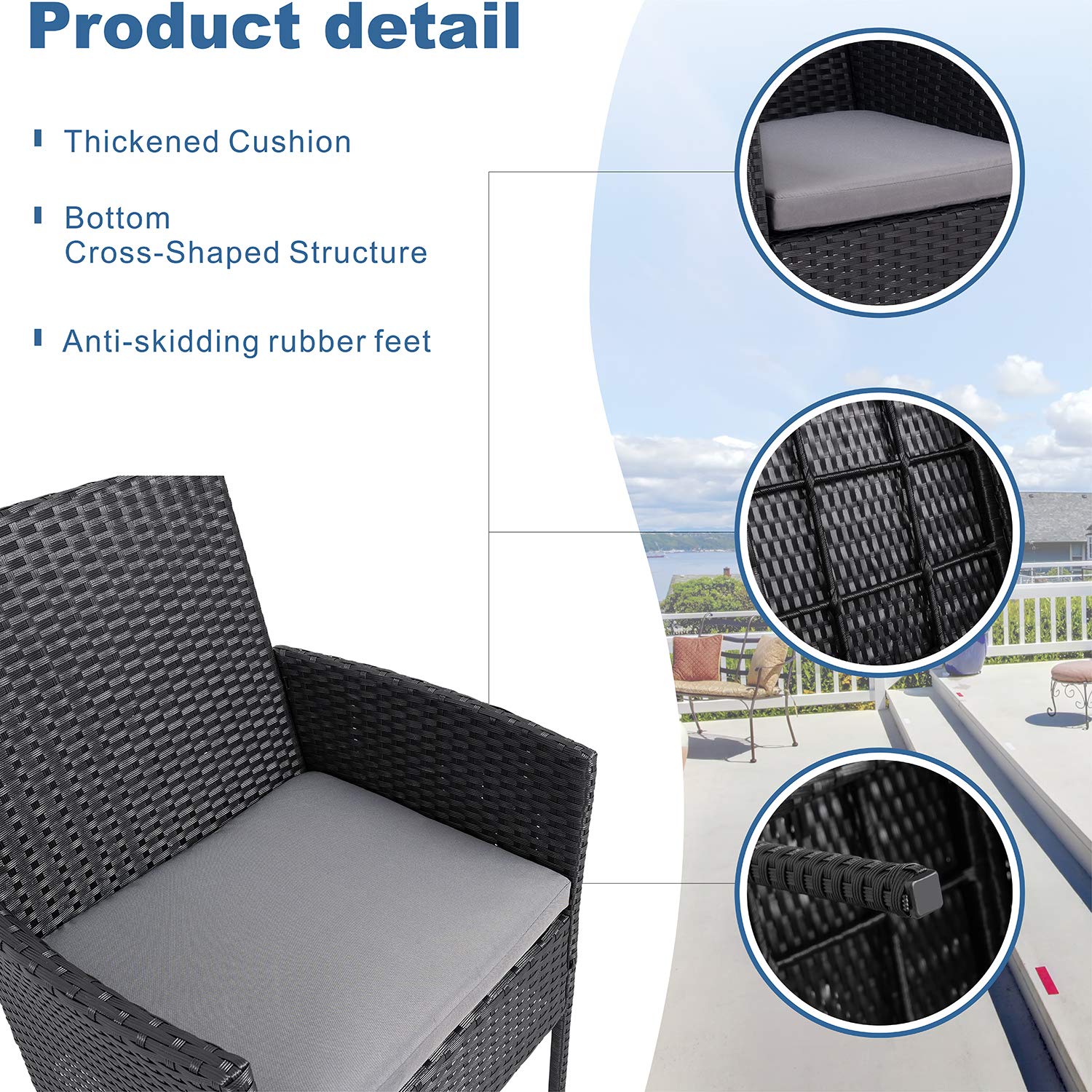 Shintenchi 5-Piece Patio Dining Set - Indoor/Outdoor Wicker Rattan Square Table with 4 Grey Cushioned Chairs & Glass Top - Perfect for Garden, Backyard, Lawn or Balcony - Includes Umbrella Hole - Black