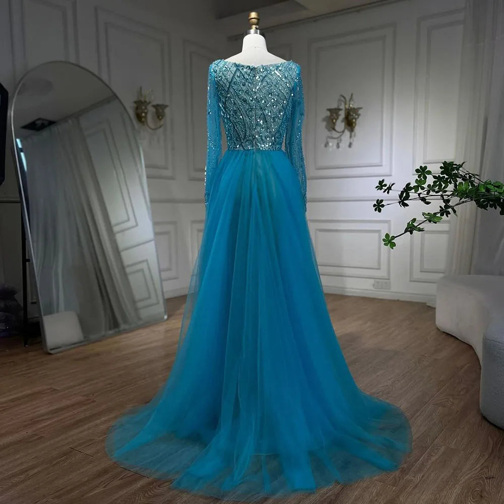 Elegant Blue Muslim Mermaid Evening Dress with Beaded Overskirt for Women - Wedding, Party & Special Occasion Gowns 2025 | LA72409 | Perfect for Bridal Showers, Galas & Formal Events