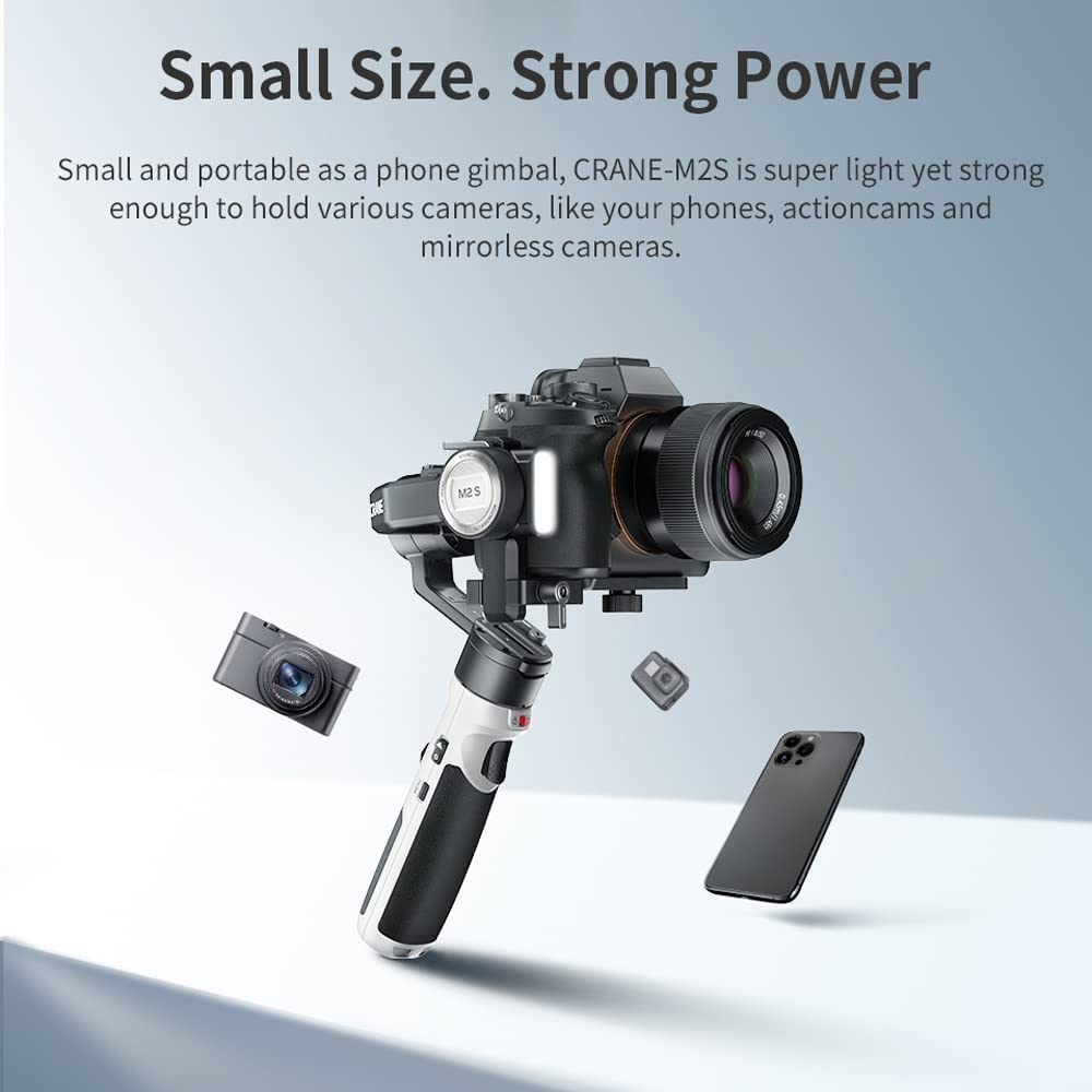 Zhiyun Crane M2S 3-Axis Gimbal Stabilizer for Mirrorless DSLR, Action Camera, GoPro Hero 10/9/7/6/5, iPhone 13 Pro Max/12/11/SE - Includes GoPro Mount & Phone Holder | Perfect for Vlogging, Travel Filming & Smooth Handheld Shooting
