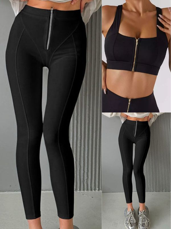 ZASUWA Women's High-Waisted Zipper Leggings - Stretchy Yoga Pants for Workout, Running & Gym - Trendy Fitness Leggings with Side Pockets