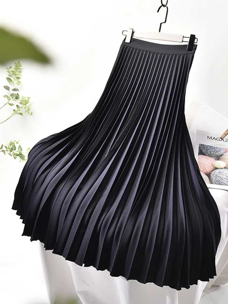 Brand Designer Women's High Waist Pleated Skirt - Elegant Solid Color A-Line Skirt with Elastic Waistband for Spring & Autumn | Office Wear, Party Outfits, Casual Chic Fashion